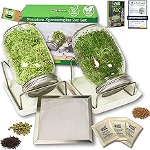 GreenSeeds Sprout Glass Germination Glass Set of 2 1000 ml with High-Quality Stainless Steel Mesh Lid, Stand, Ceramic Bowl + Free Rungs ABC [E-Book]