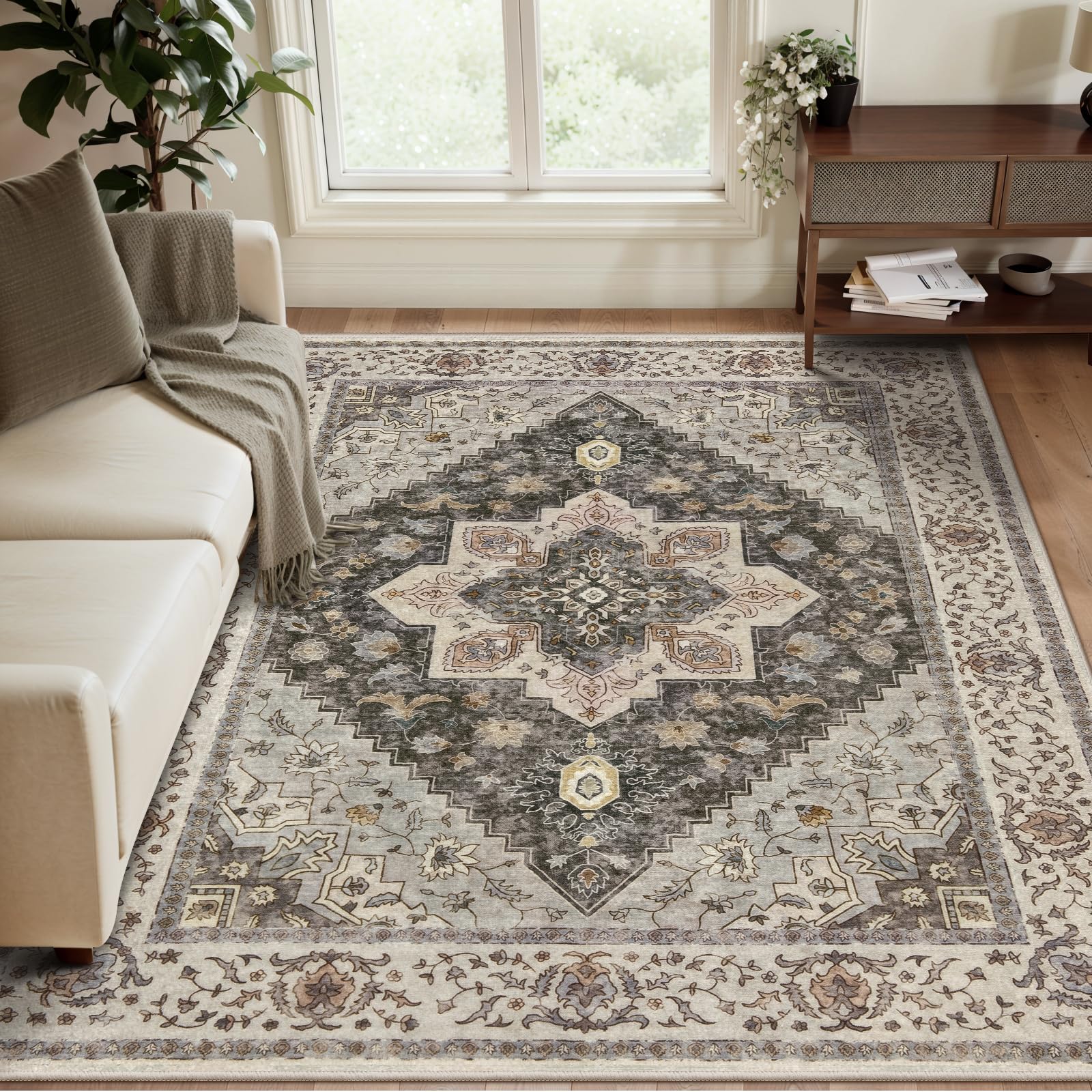 Tapis lavable antidérapant Tangsoo gris imprimé vieilli à poils courts 91x152