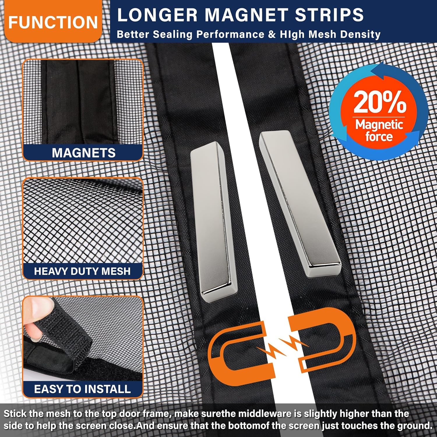 Magnetic Screen Door，Fiberglass Screen Door Mesh，Keep Bugs Out, Heavy-Duty Mesh Curtain,Pet and Kid Friendly, Works with Front Doors, Sliding Doors（38x83 Inch Fiberglass