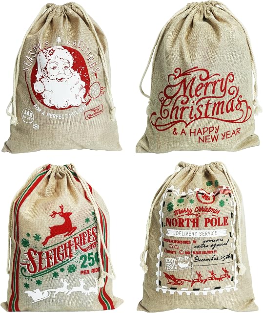 Hooin 4Pcs Santa Sacks. Christmas Sacks bags with Drawstrings. Medium Size 30X40cm. Pack of 4.