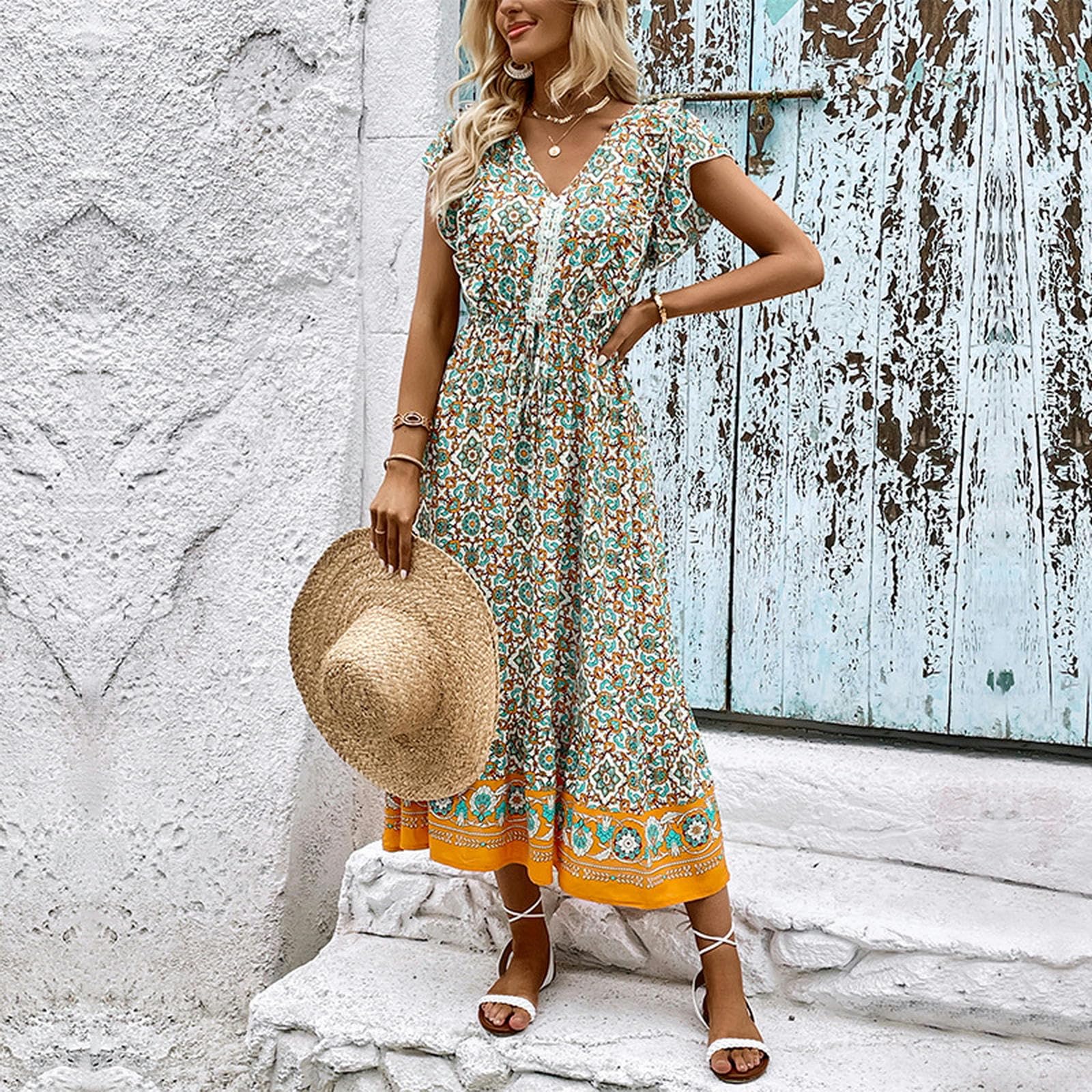 Vestido largo de verano para mujer, estilo bohemio, con estampado floral, cuello en V, manga corta, vestido midi YYEFNMAZ