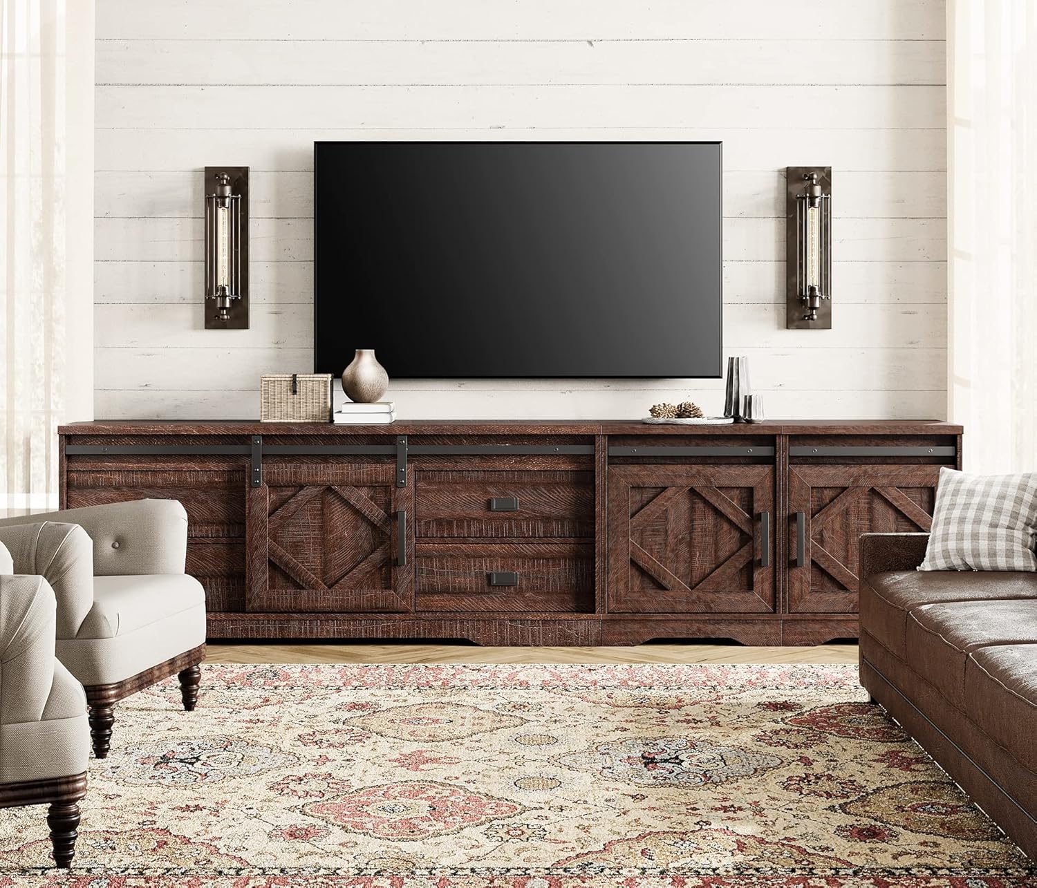 WAMPAT 98" Wide Farmhouse TV Stand for up to 110" TV, 3-in-1 Rustic Wood Entertainment Center with Drawers and Cube Cabinets for Living Room, Faux Bark Finish, Rustic Brown