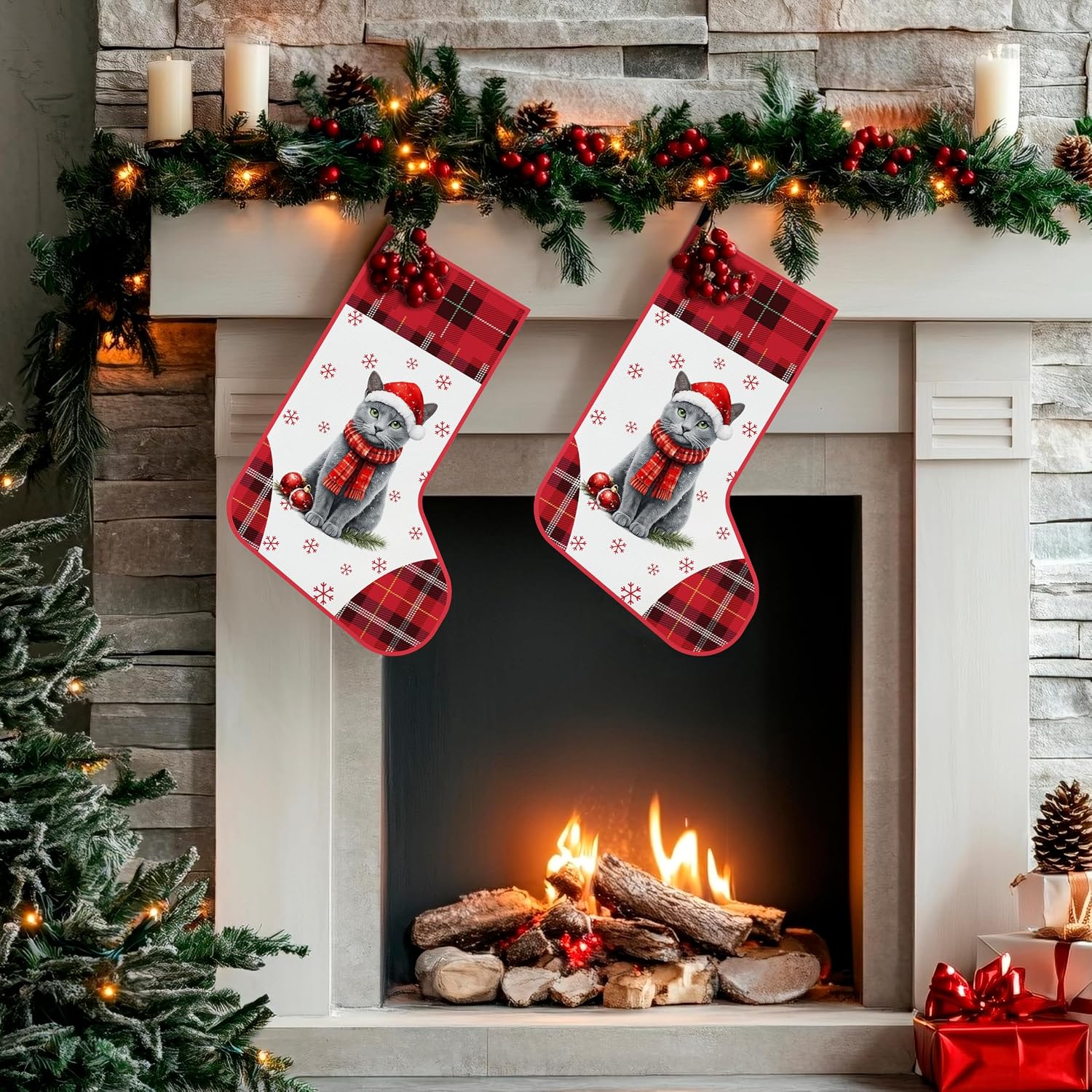 Russian Blue Cat Christmas Stockings, Russian Blue Cat Gifts for Women, Cats Xmas Holiday Gifts for Women, Cats Merry Christmas Hanging Stocking for Xmas Tree Party Vacation Decor