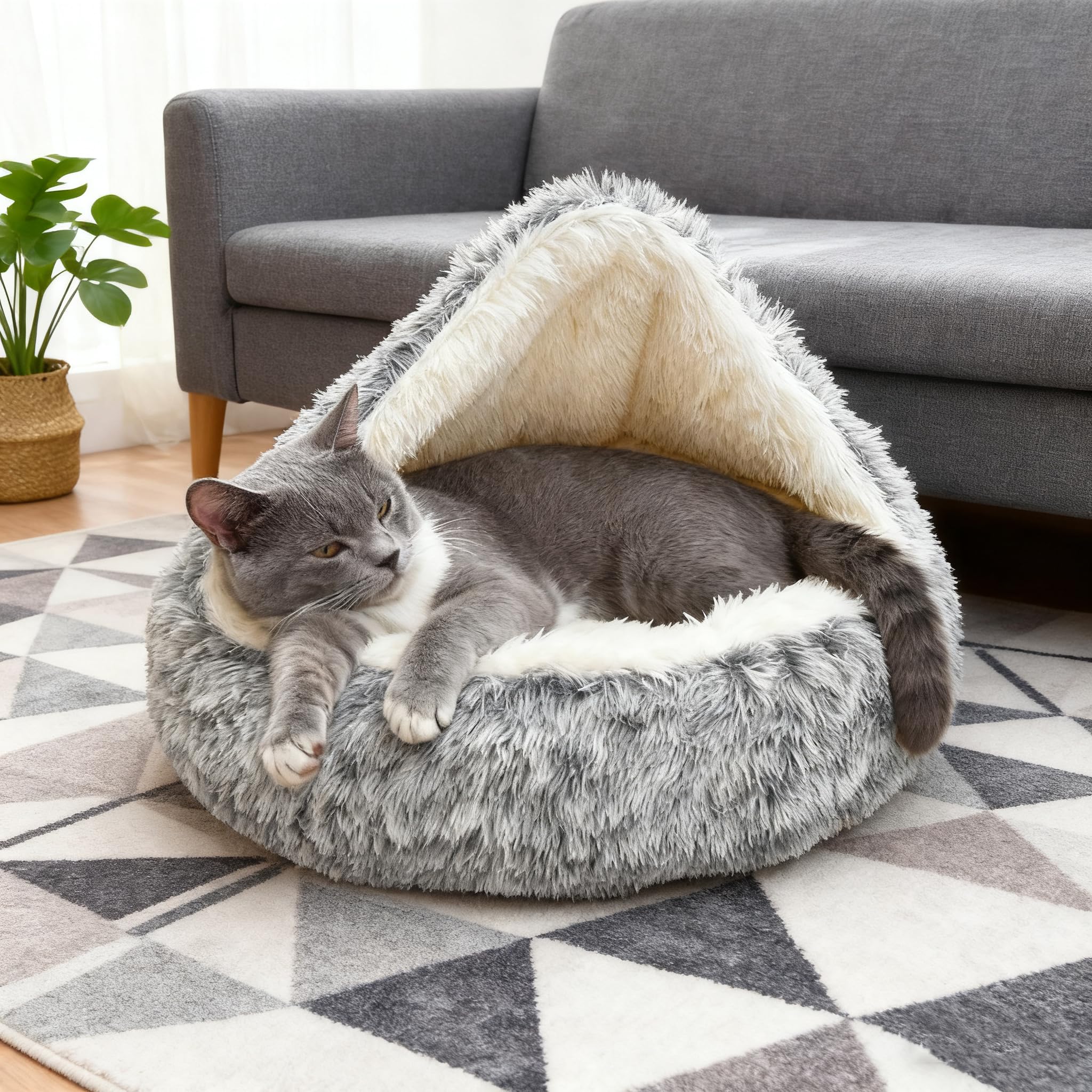 65cm Ø Cama de Felpa Calmante para Gatos y Perros Cueva de Cama de Gato Cama de Perro CóModo Y CáLida en Forma de Concha Sofá de Mascota Antideslizante para Gato Y Perros Medianos Pequeños