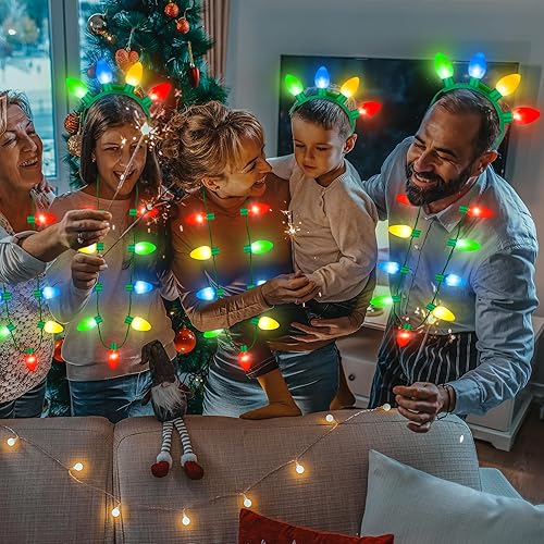 Miniatura 4 de EOBOH 8 piezas de recuerdos de fiesta de Navidad, collar de Navidad iluminado, bombilla brillante, 3 modos de collar de Navidad, diadema,