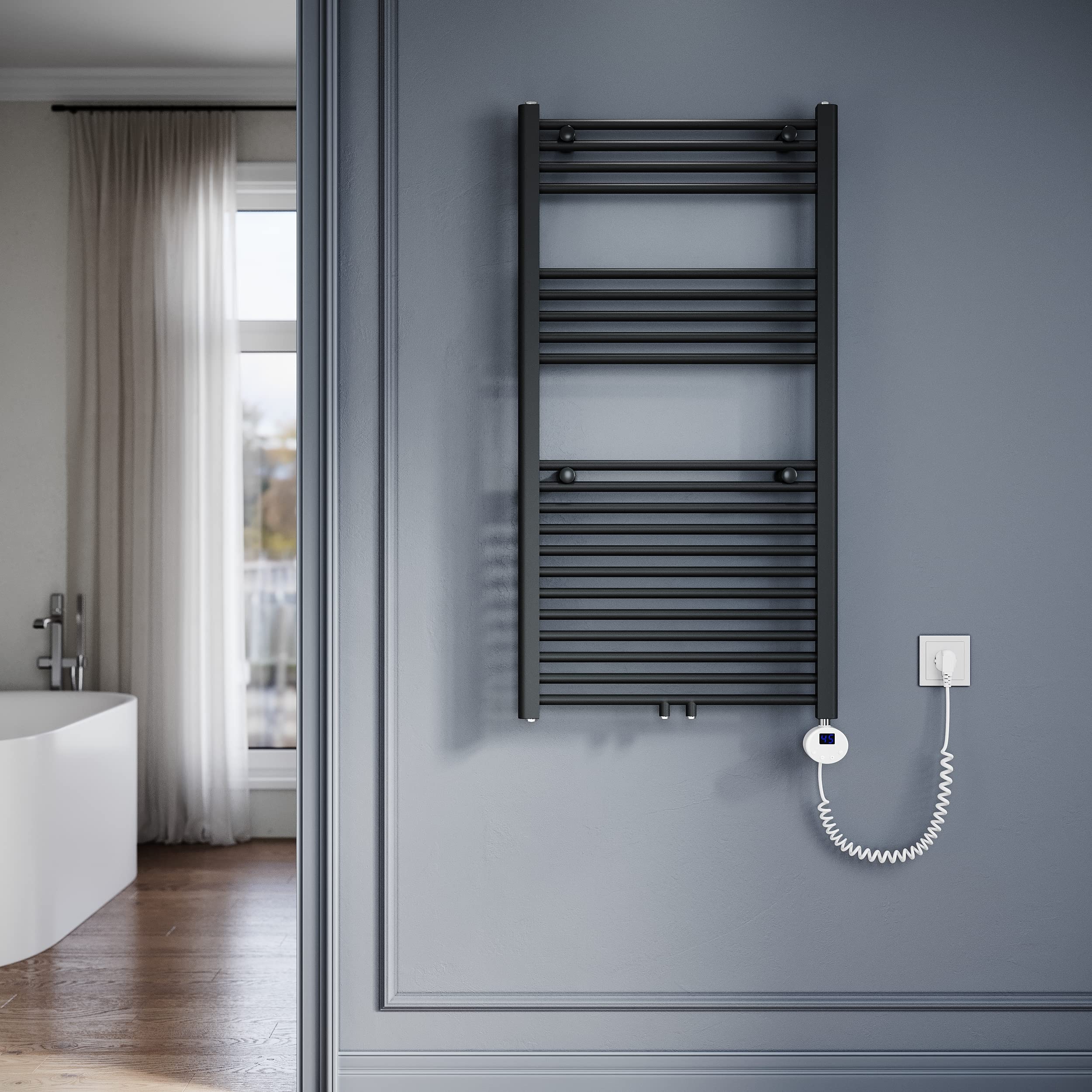 SONNI Grzejnik łazienkowy elektryczny z termostatem, 1150 x 600 mm, antracyt, suszarka na ręczniki, przyłącze środkowe, owalny, ogrzewacz do łazienki, ogrzewania, 600 W
