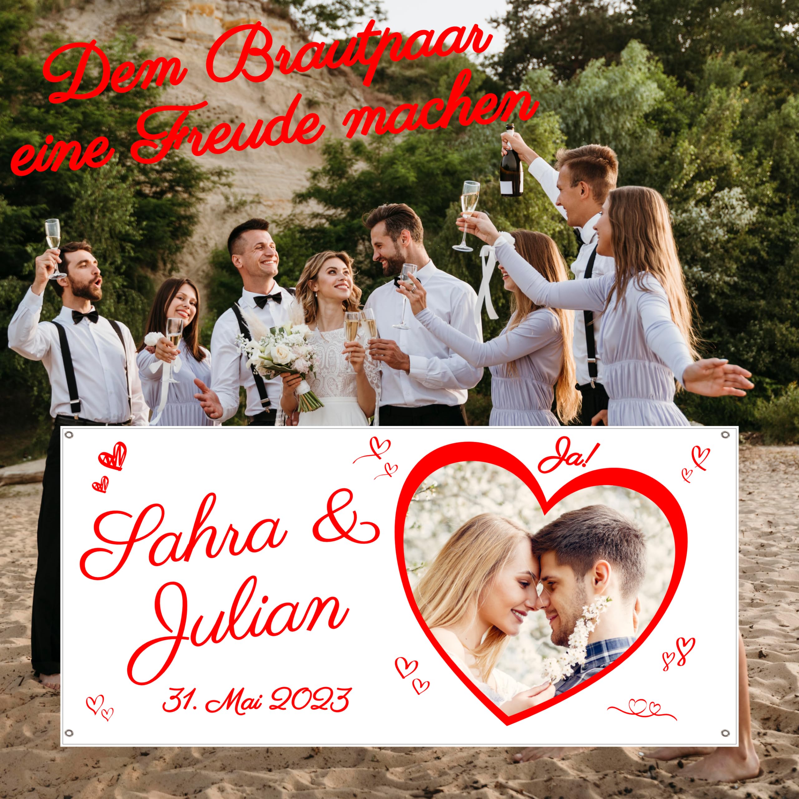 Hochzeitsbanner personalisiert, Hochzeits-Banner mit Foto, Namen und Hochzeitsdatum des Brautpaares (Hochzeit 1)