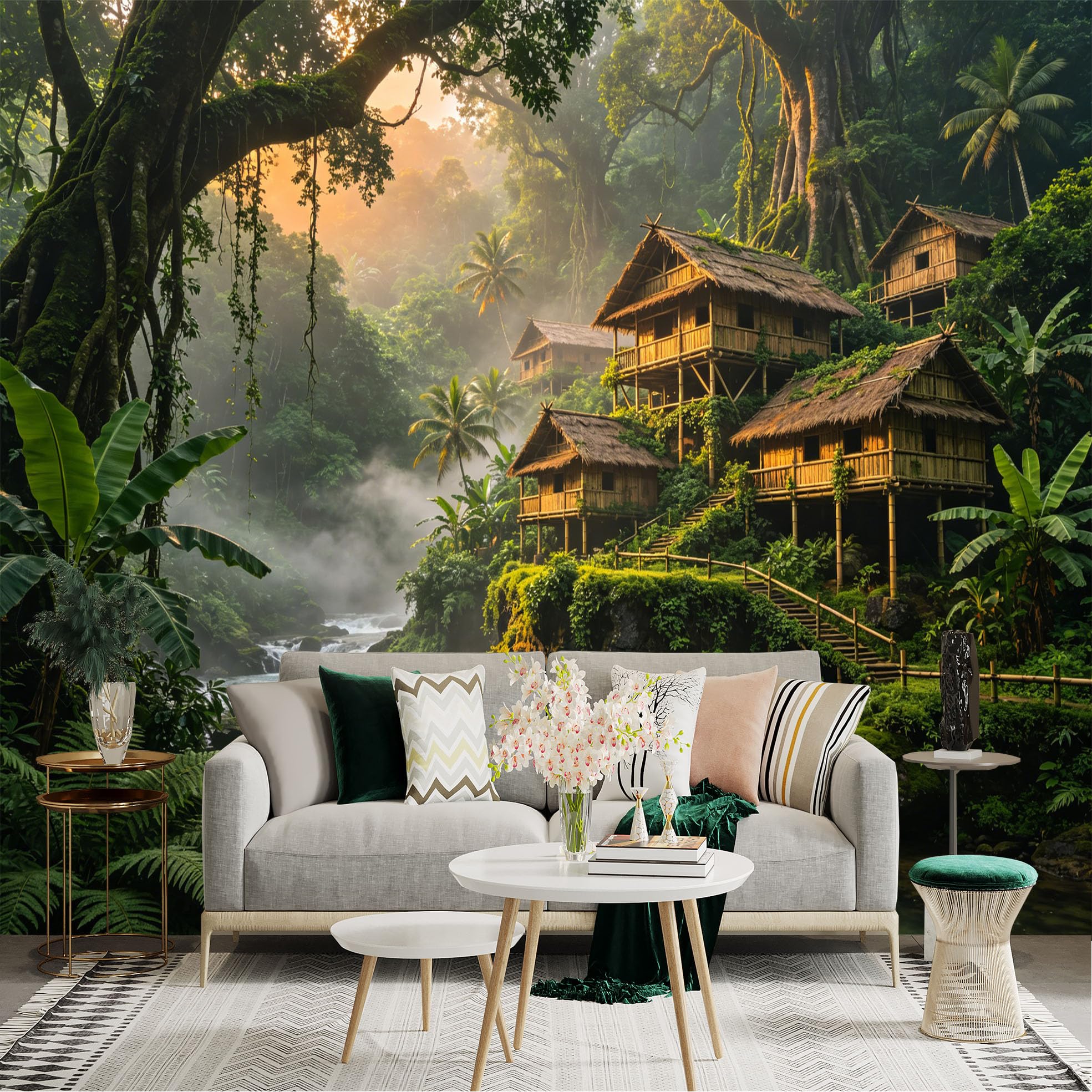 Custom Size Wall Sticker Mural， Tropical Jungle River with Wooden Huts and Lush Green Forest， for wall Decoration， peelandstick wall Decals.