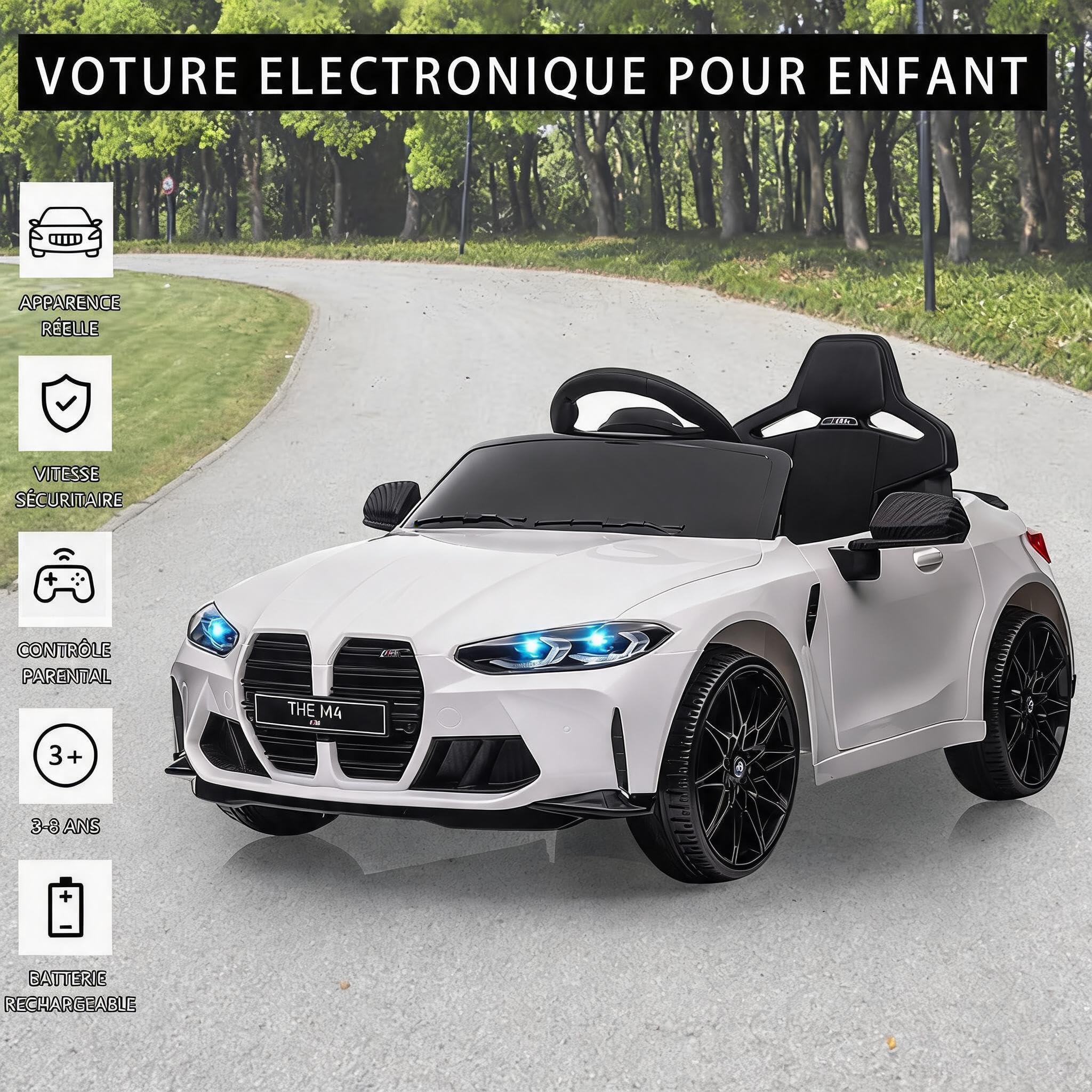 Voiture Électrique Enfant avec Télécommande Parentale, Véhicule Électrique avec Klaxon, Musique Et LED, Vitess 3-5 Km/h, Charge 30 kg, pour Enfants 3+ Ans, Blanc