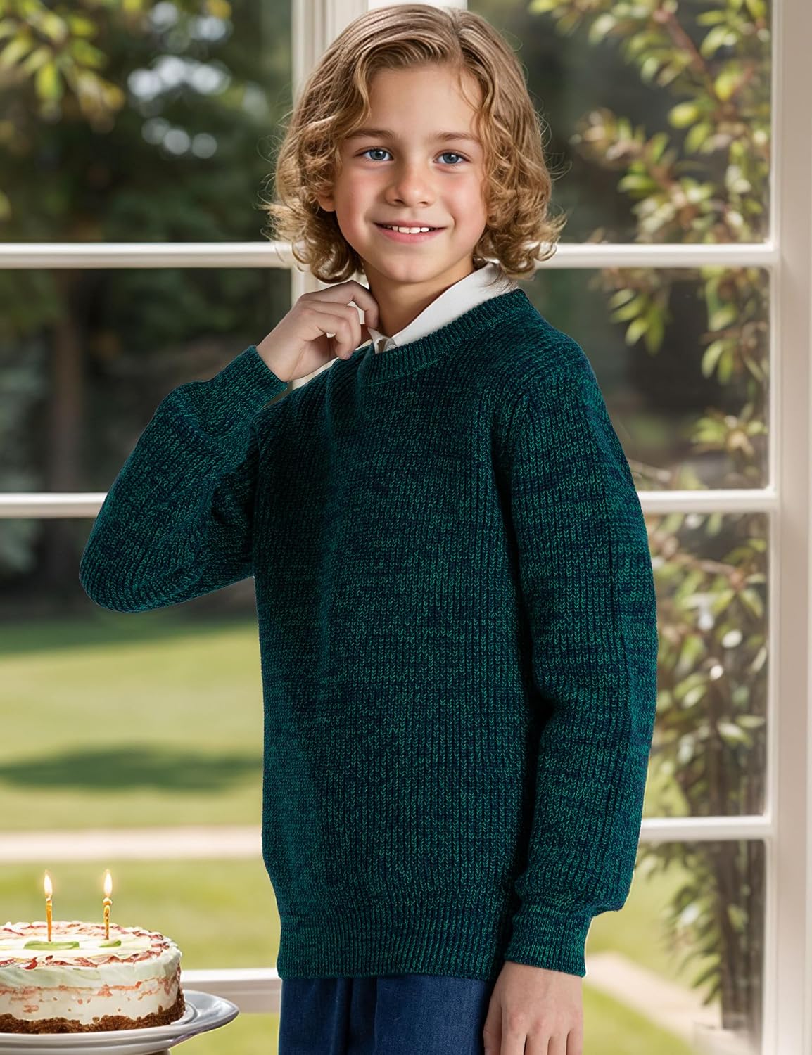 JSTEX Boys Sweater 100% Cotton Knit Kids Pullover Crew Neck Long Sleeve Sweater for Child Toddler Size 4-14