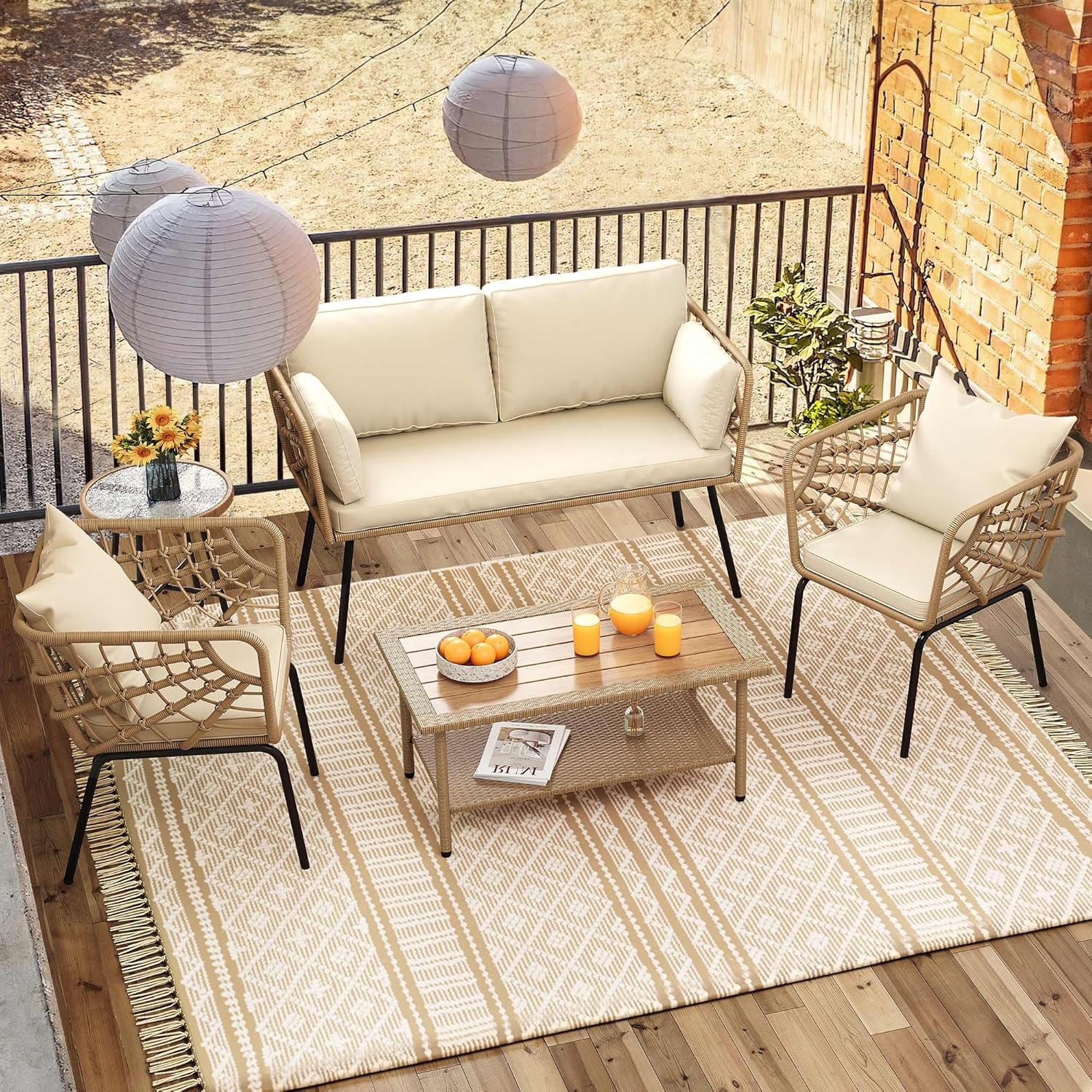 DWVO 2-Piece Patio Set, Wicker Loveseat with Plush Cushions & Rattan Side Table, All-Weather Outdoor Conversation Furniture for Balcony, Deck, Backyard, Poolside