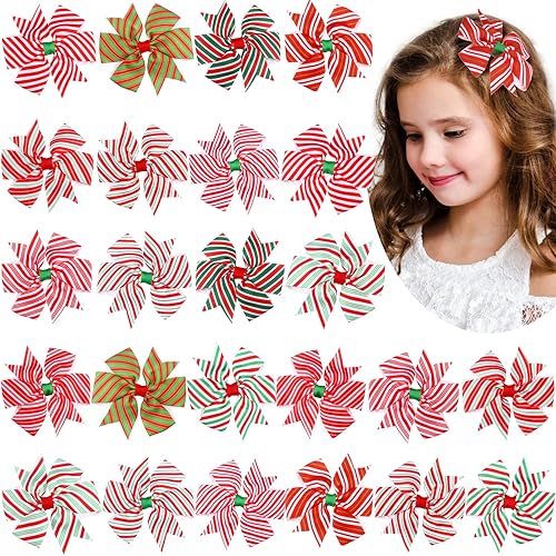 24 lazos de Navidad para niñas, a rayas rojas y verdes, accesorios para el cabello, pinzas para el cabello coloridas para boutique de Navidad,