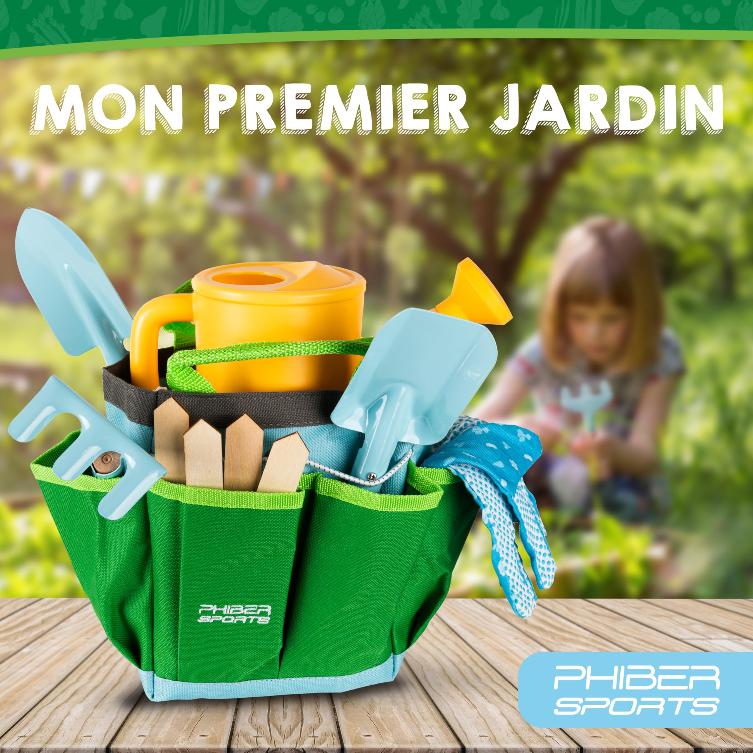 PHIBER-Sports Ensemble d'outils de Jardin pour Enfants (11 pièces) - Outils de Jardinage pour Enfants à partir de 3 Ans - Outils en métal, arrosoir, Gants de Jardinage, Sac