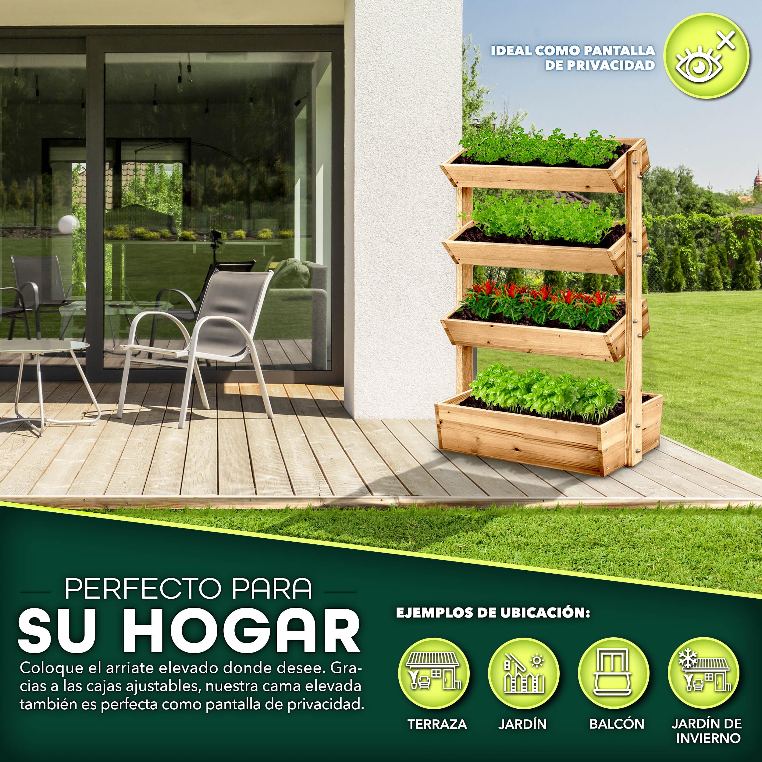 tillvex® Jardinera de madera con 4 niveles, jardinera premium fieltro para jardín, escalera para plantas, terraza, balcón y jardín, arriate Elevado de verduras, bancal de hierbas, semillero de flores