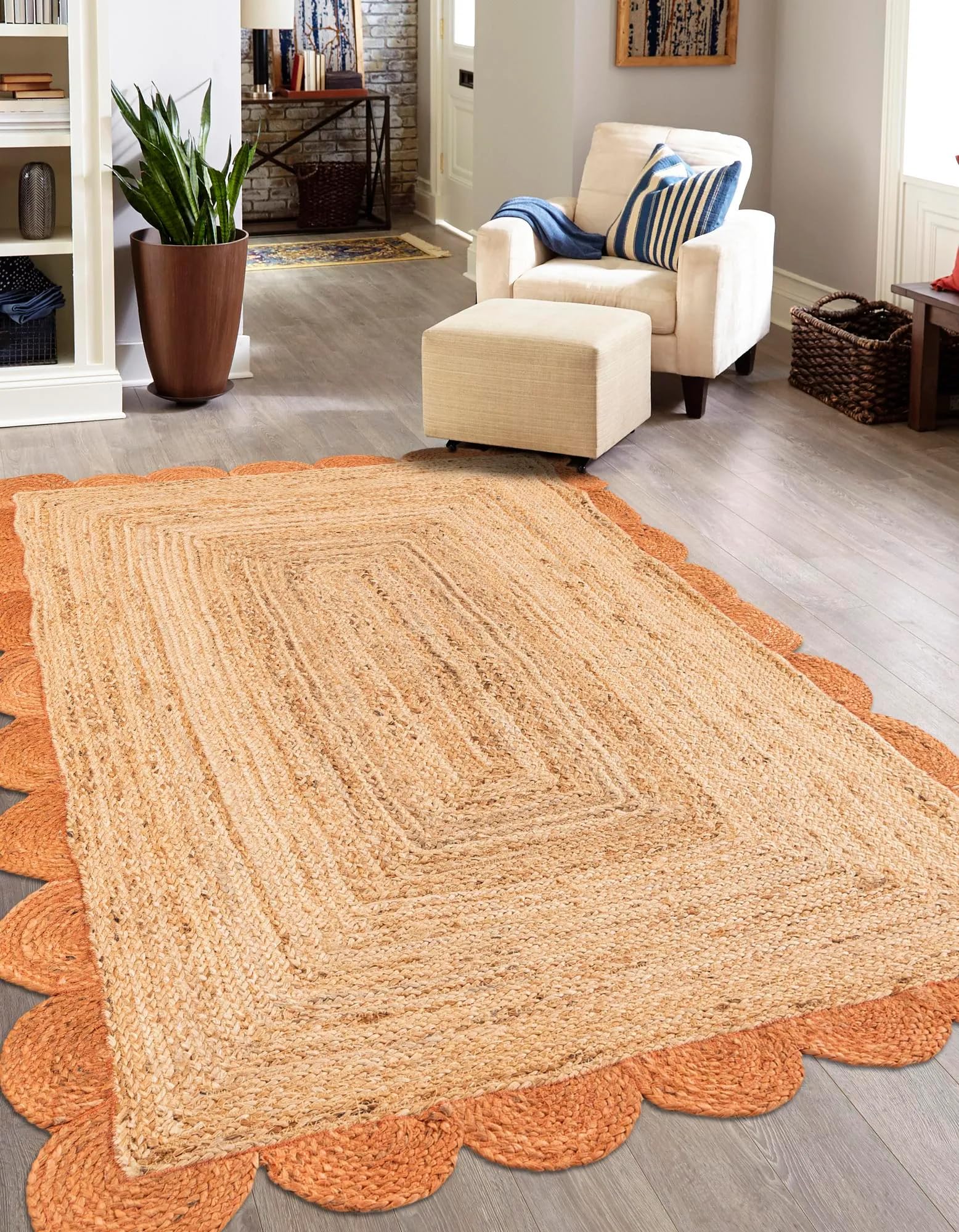 Tapis indien en jute naturelle 90x270 cm tressé main avec bordure festonnée orange