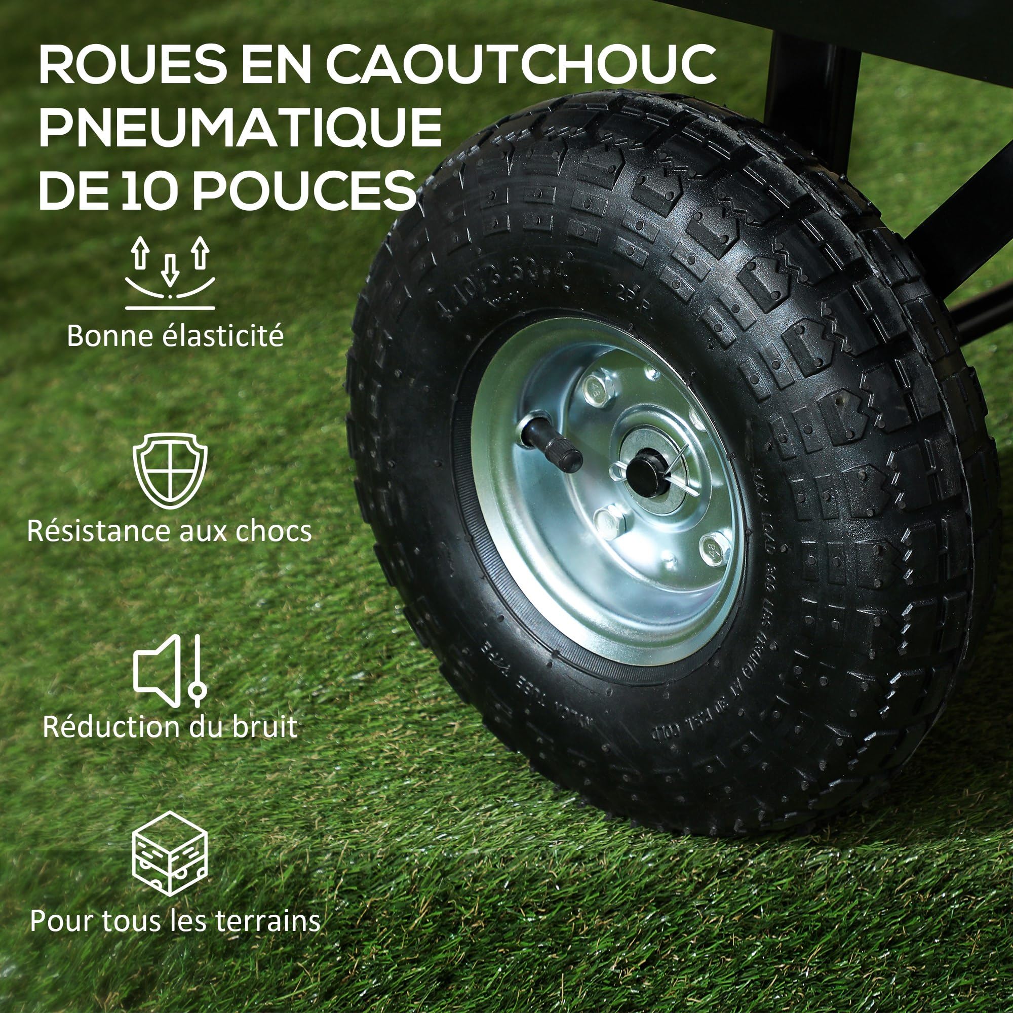 Outsunny Chariot de Jardin 300 Kg à roulettes, Poignée Rotative 180°, Noir | Chariot de Transport, Bâche Amovible, Remorque à Parois Rabattables, Pneus Gonflables 25 cm