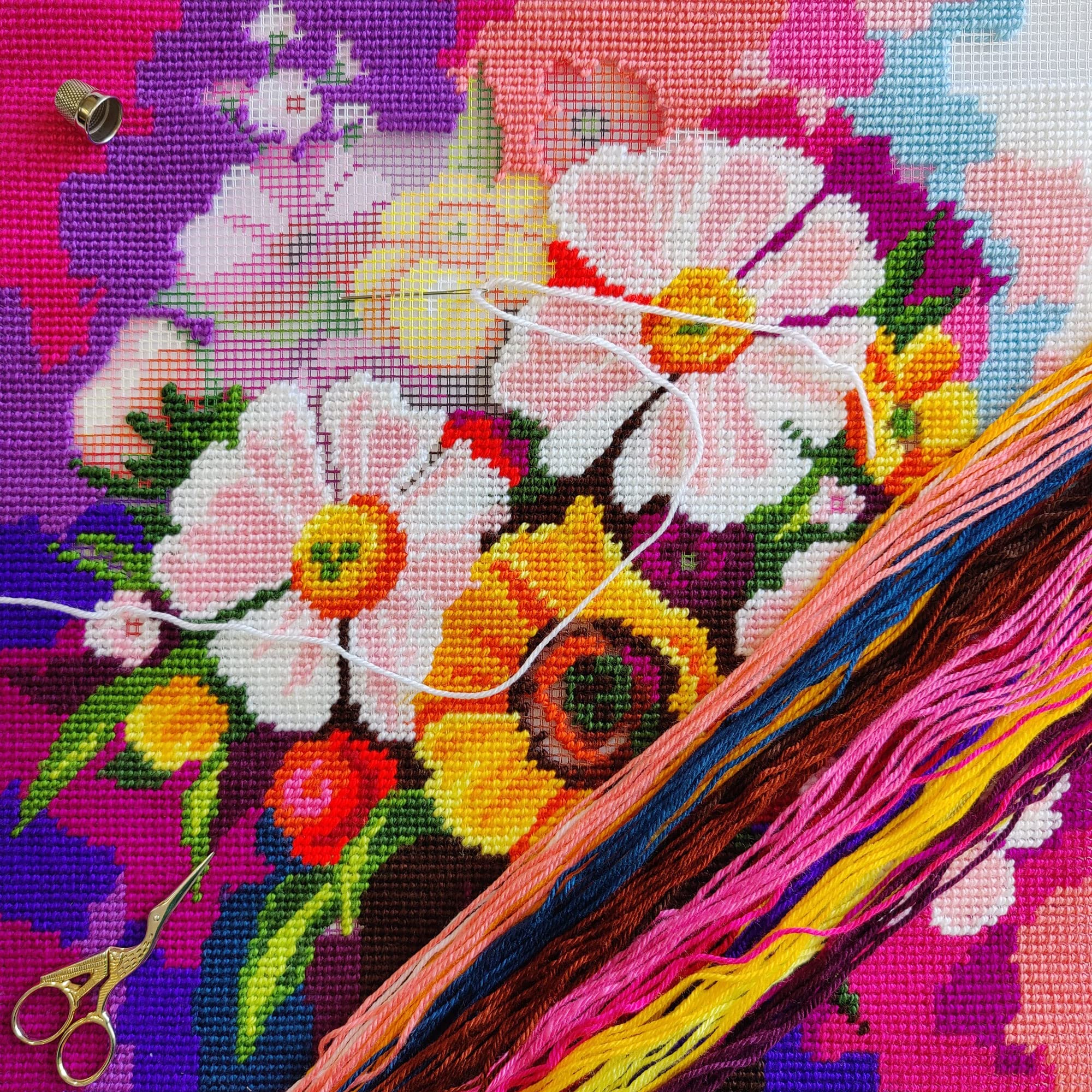 Brvsk Floral Embroidery Kit for Adults and Beginners — Wildflowers 16??×?16? with Clear, Precise Printed Design on Cotton Canvas; Includes 2 Needles, Yarn, and Easy-Read Chart