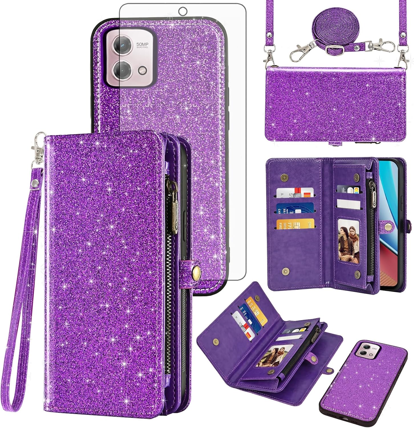 Asuwish Phone Case for Motorola Moto G Stylus 4G 2023 Zipper Wallet Detachable Cell Cover with Tempered Glass Screen Protector Wrist Strap Flip Card Holder Slot GStylus XT2317-1 XT2317-2 Women Purple