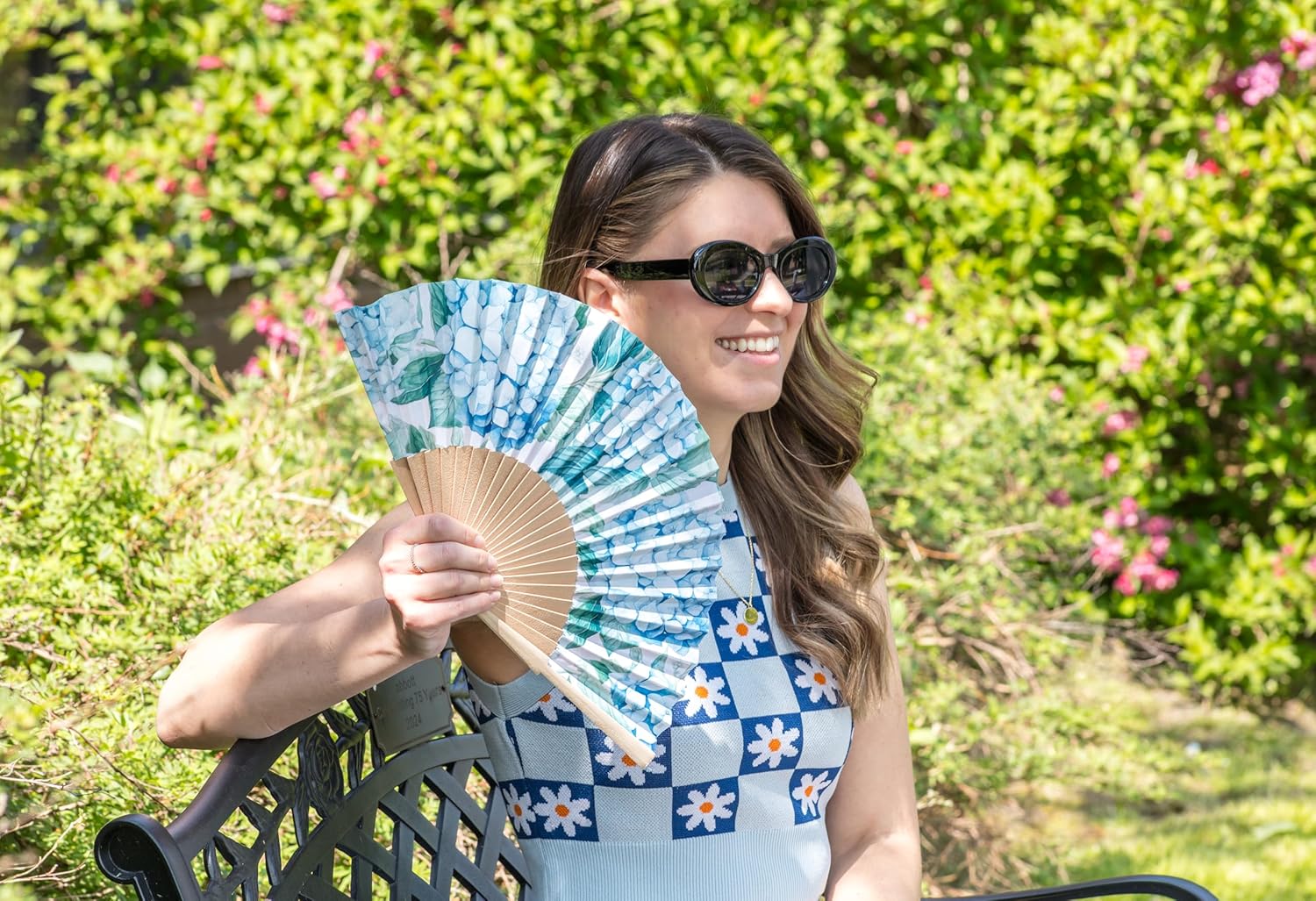 Abbott Collection Hydrangea Folding Hand Fan | Wood/Cotton, Blue/Green, 16"W