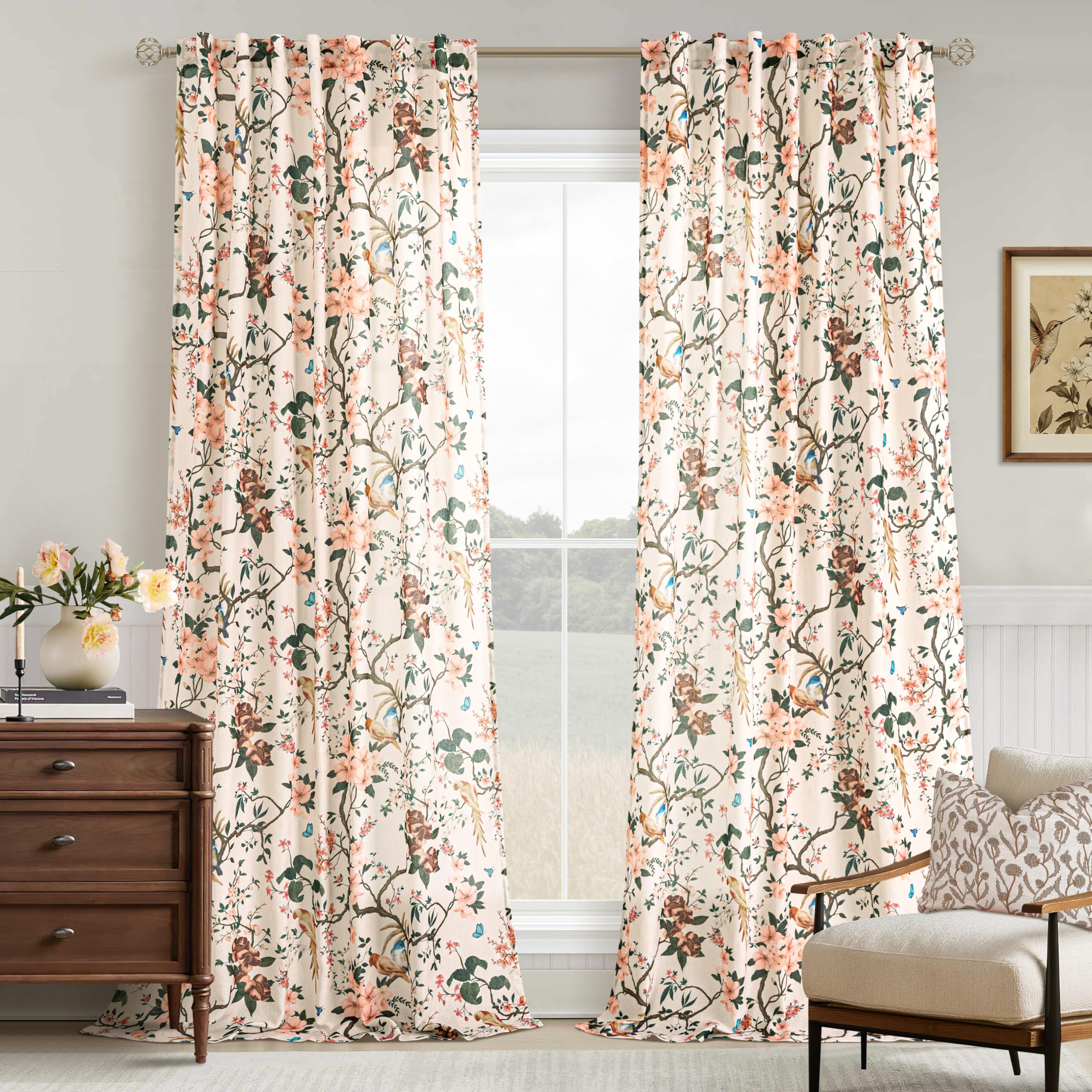 Tan Beige Linen Floral Semi heer Curtains 108 Inch Length Boho 2 Panels | Extra Long,Sand,Back Tab,Leaf Flower Patterned,Farmhouse,Country,Light Filtering,Drapes for Bedroom Dining Living Room