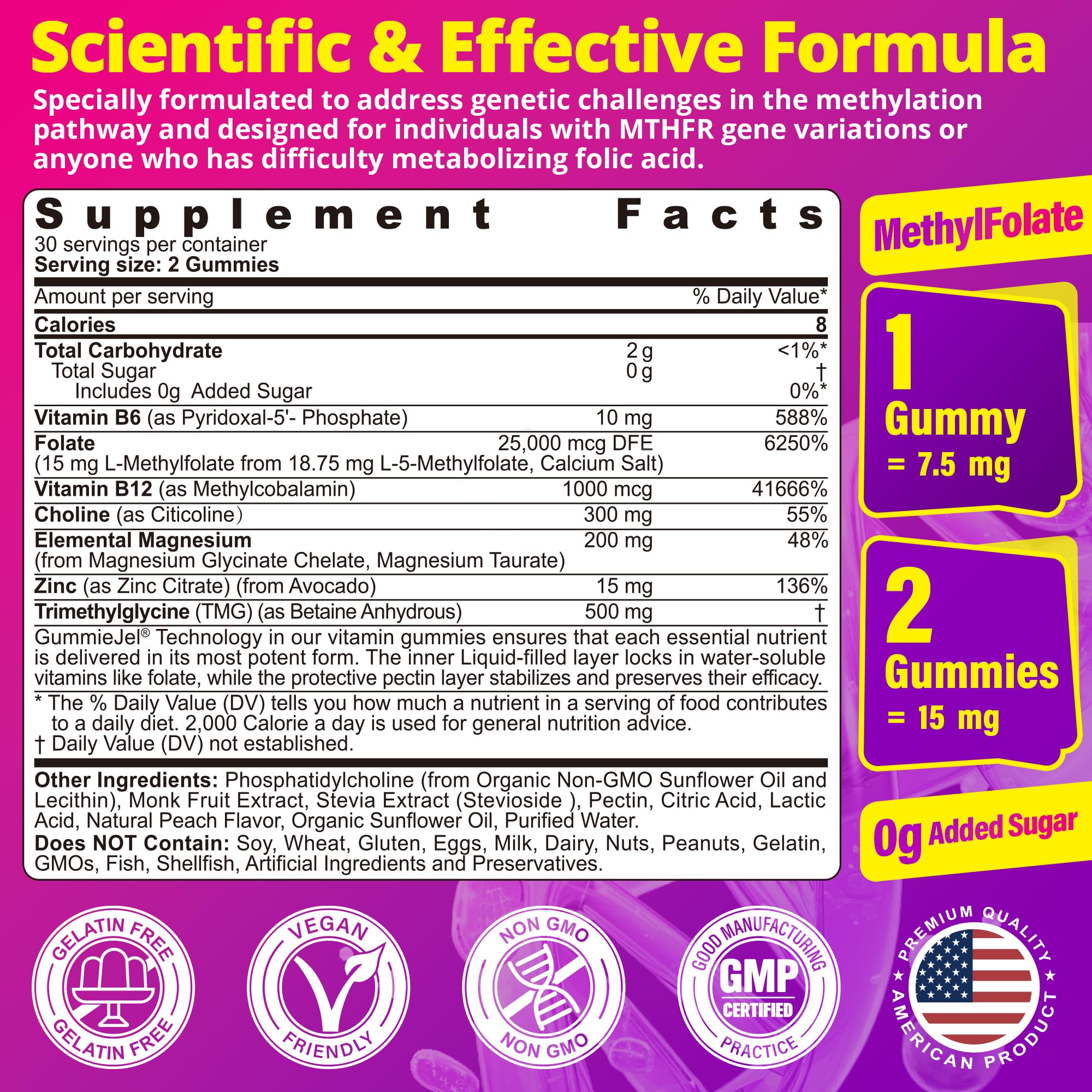 L-MethylFolate 15mg 7.5mg & B12 1000 mcg Gummies, Methylated B Complex + TMG, Magnesium, Choline - Active 5-MTHF(B9) + Methyl B12, B6, Multivitamin - Support Methylation, Cognition, Mood, Sugar Free — Amazon image 2