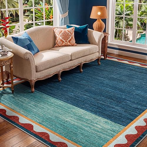 YIHOUSE Mid-Century Washed Style Area Rug 5x7 Washable Carpet for Living Room, Non-Slip Low Pile Soft Rug for Bedroom, Kitchen, Entryway, Retro Teal