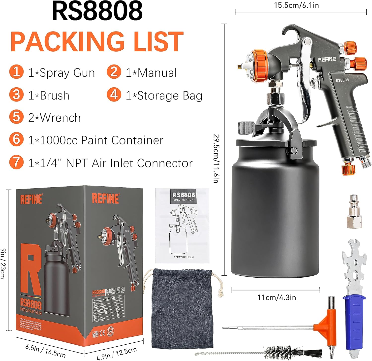 REFINE Spray Gun, Siphon Air Spray Gun, 1.8mm Nozzle, 1000CC Aluminum Cup, Special Process, Easy to Clean, Paint Gun, Automotive Paint Spray Gun, Paint Sprayer for Car, Furniture, House Painting, DIY.