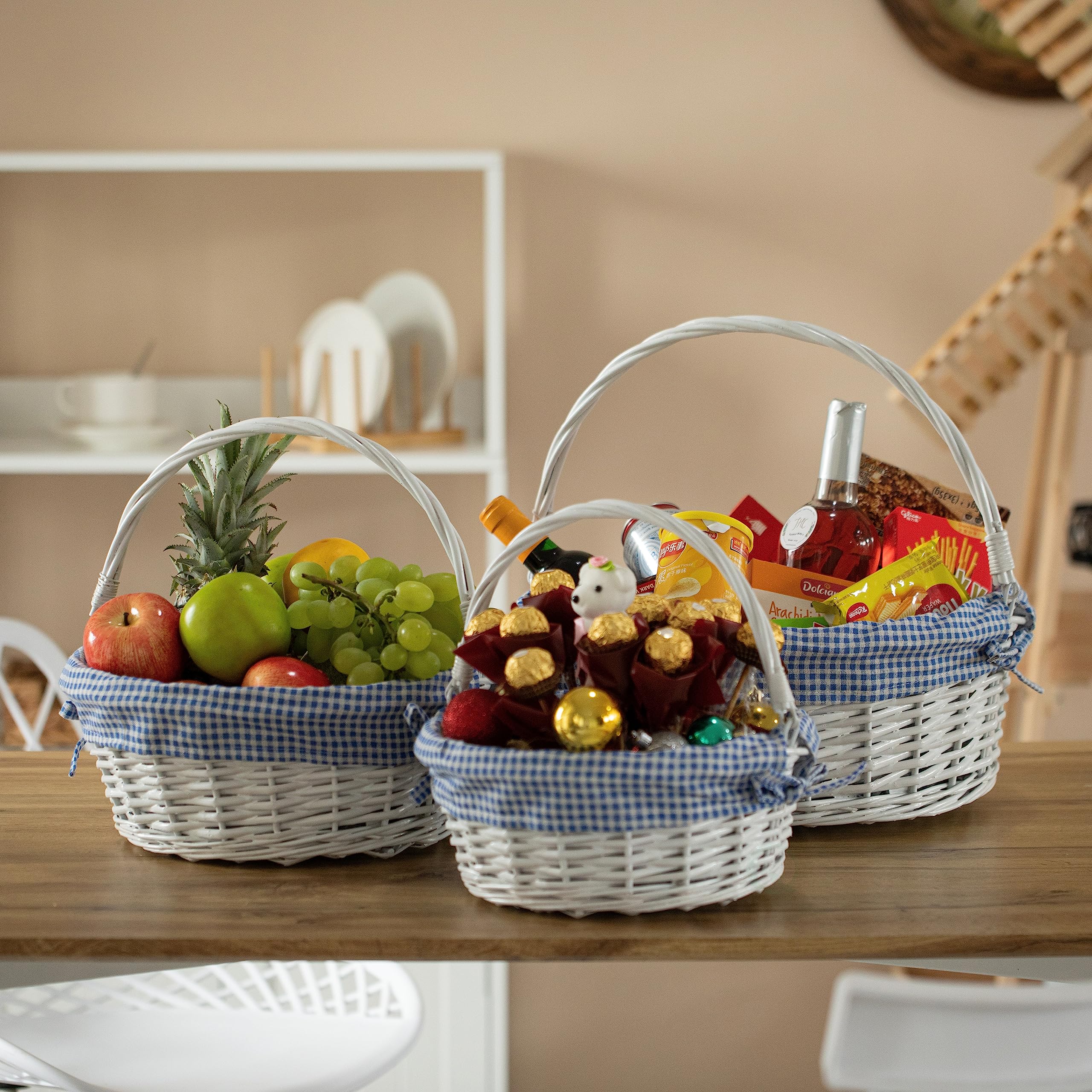 Traditional White Round Willow Gift Basket with Blue and White Gingham Liner and Sturdy Foldable Handles, Food Snacks Storage Basket, Set of 3