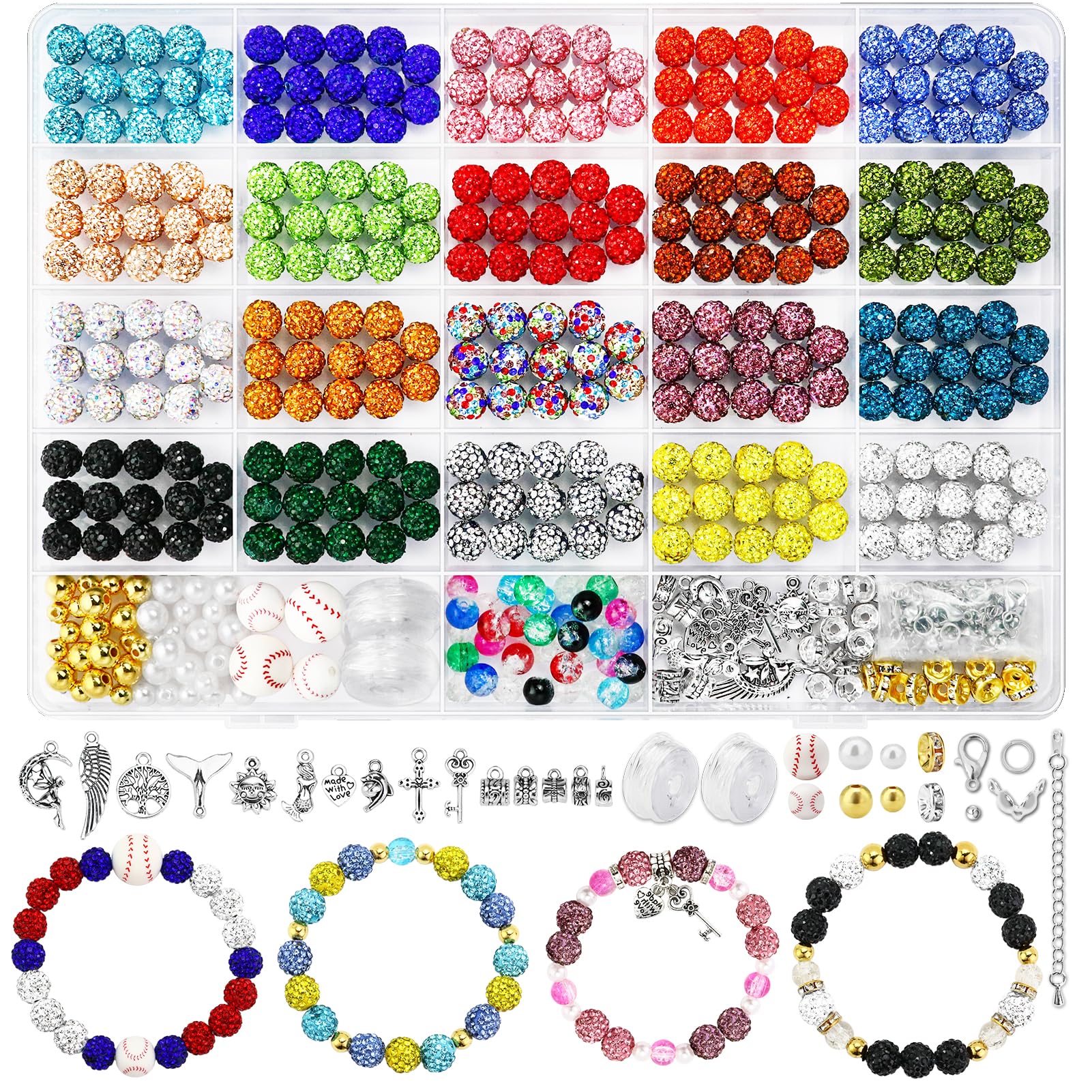 Dowarm 480PCS 10mm Rhinestone Beads Kit for Jewelry Making Baseball Necklace Friendship Bracelet, Round Disco Ball Rhinestone Clay Beads Set with Crackle Beads Spacer Beads Charms for DIY Crafting