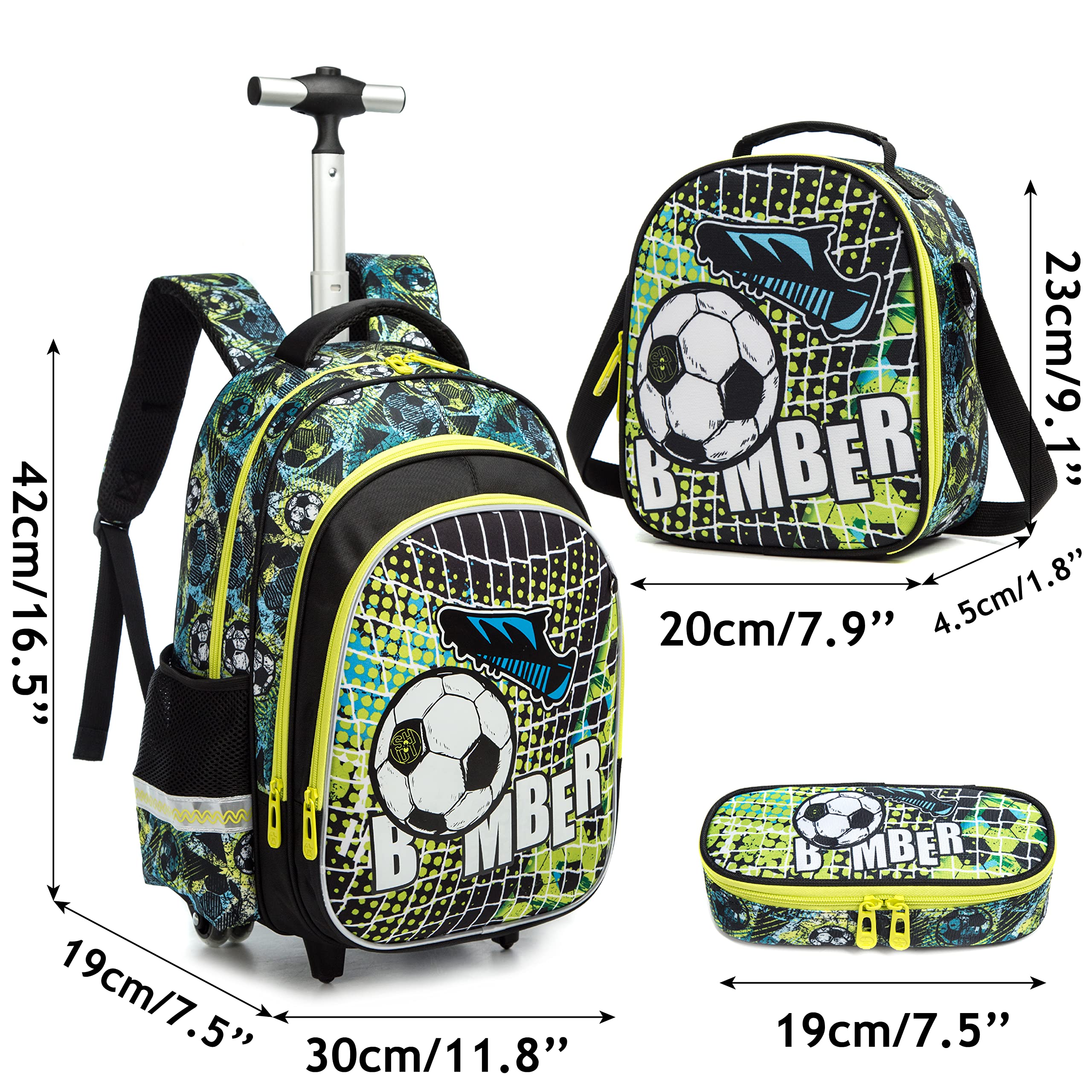 HTgroce Mochilas Escolares con Carro 16inch Mochila Escolar con Ruedas Grande Fútbol Mochilas con Carrito Escolares Mochilas Escolares Ruedas Niño 3 in 1 Grande Mochila Escolar Trolley Niños.