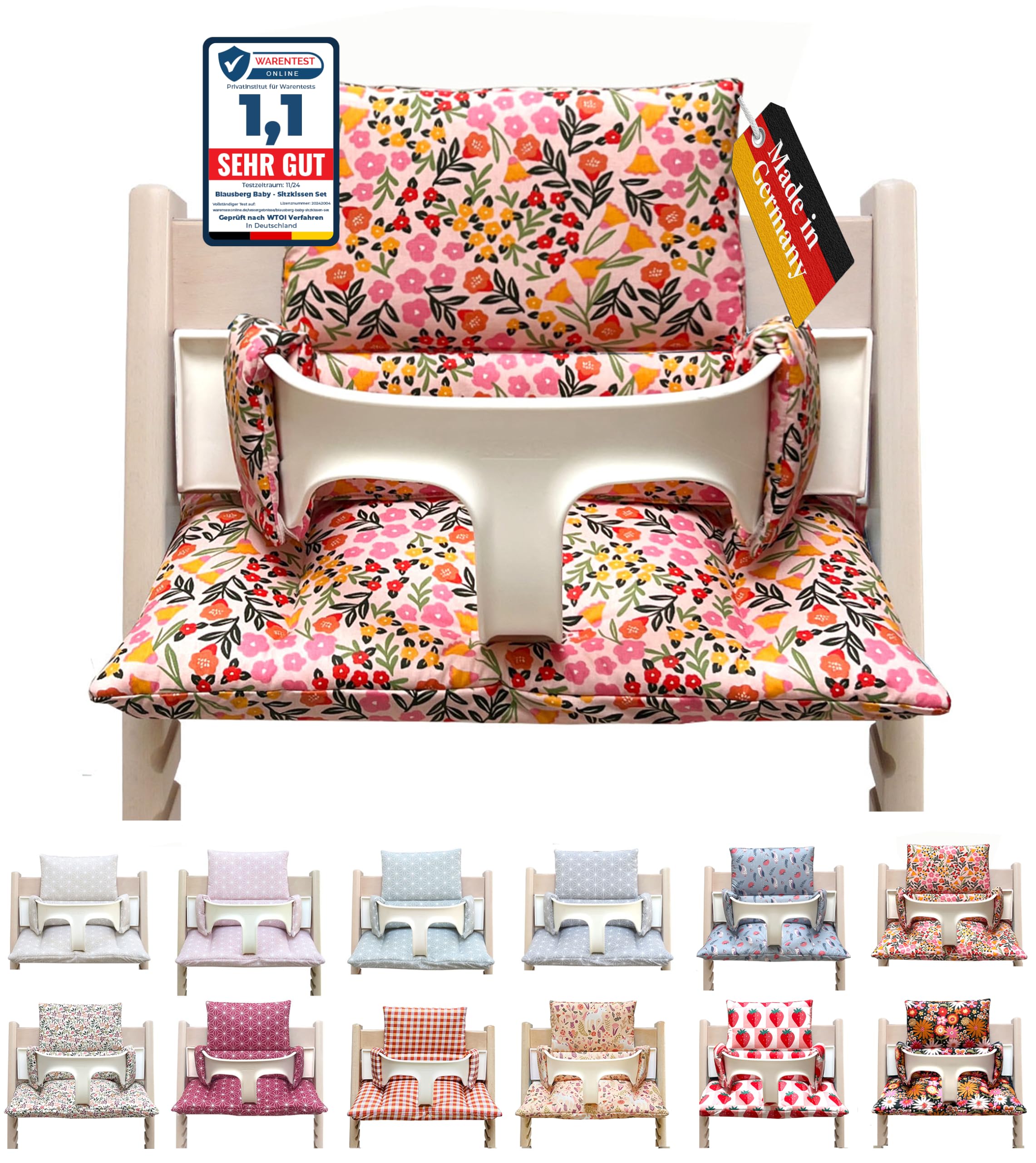 Blausberg Baby - Sitzkissen Set kompatibel mit Tripp Trapp® Stokke Hochstuhl Sitzkissen abwaschbar Oeko-Tex Baumwolle 6 cm Sitzpolster kompatibel mit Baby Set & Holzbügel & Tray Table - Flower Rosa