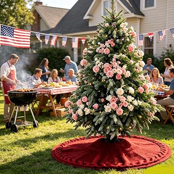 yuboo Burgundy Red Tree Skirt 48 inches, Knit Maroon Mothers Day Birthday Wedding Thanksgiving Christmas Tree Skirt Farmhouse Western Xmas Decor for 7 FT Christmas Trees