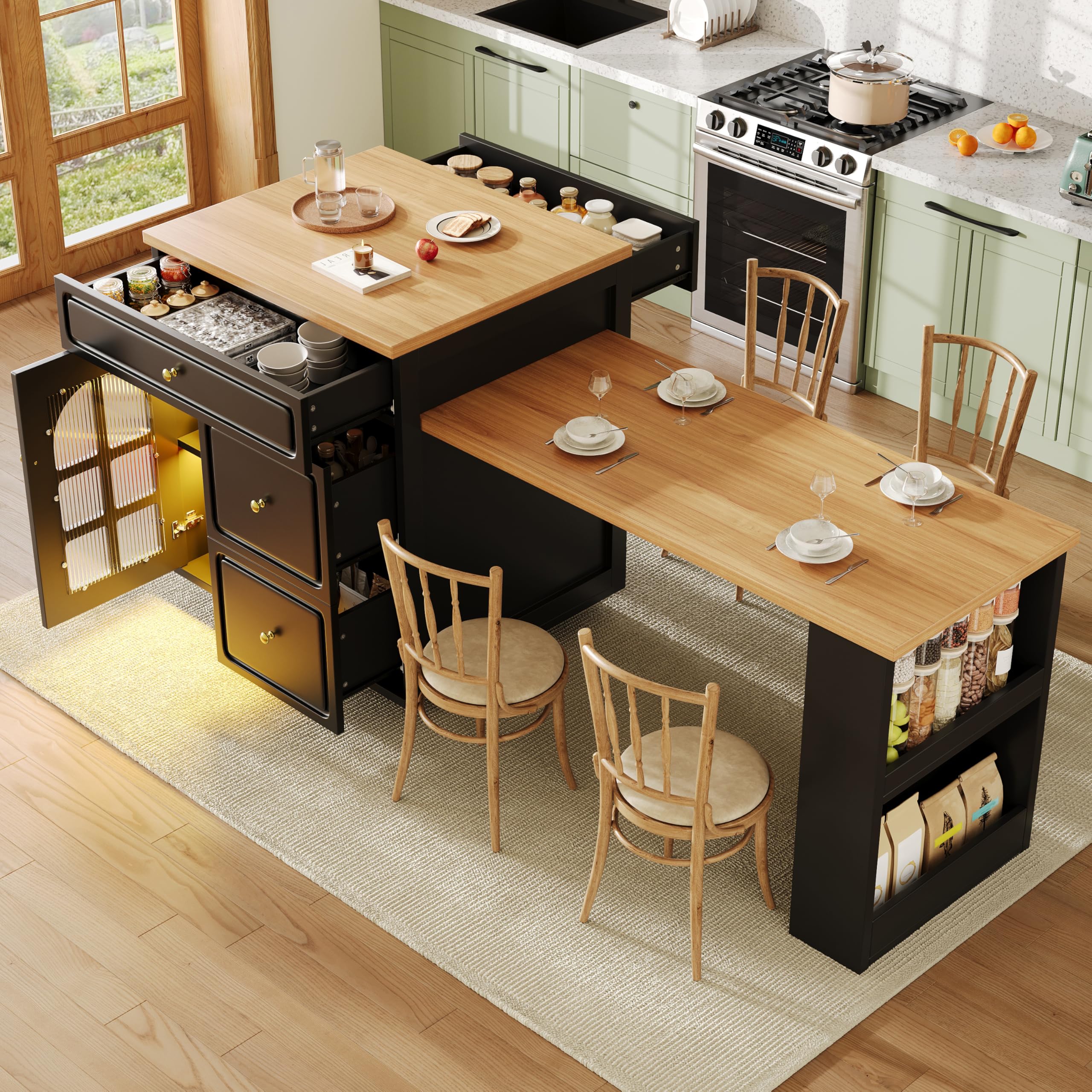 Isola da cucina estensibile regolabile con RGB e vetrina, design con venature del legno, 122,5-195,5 cm, versatile bancone per cucina, sala da pranzo e bar
