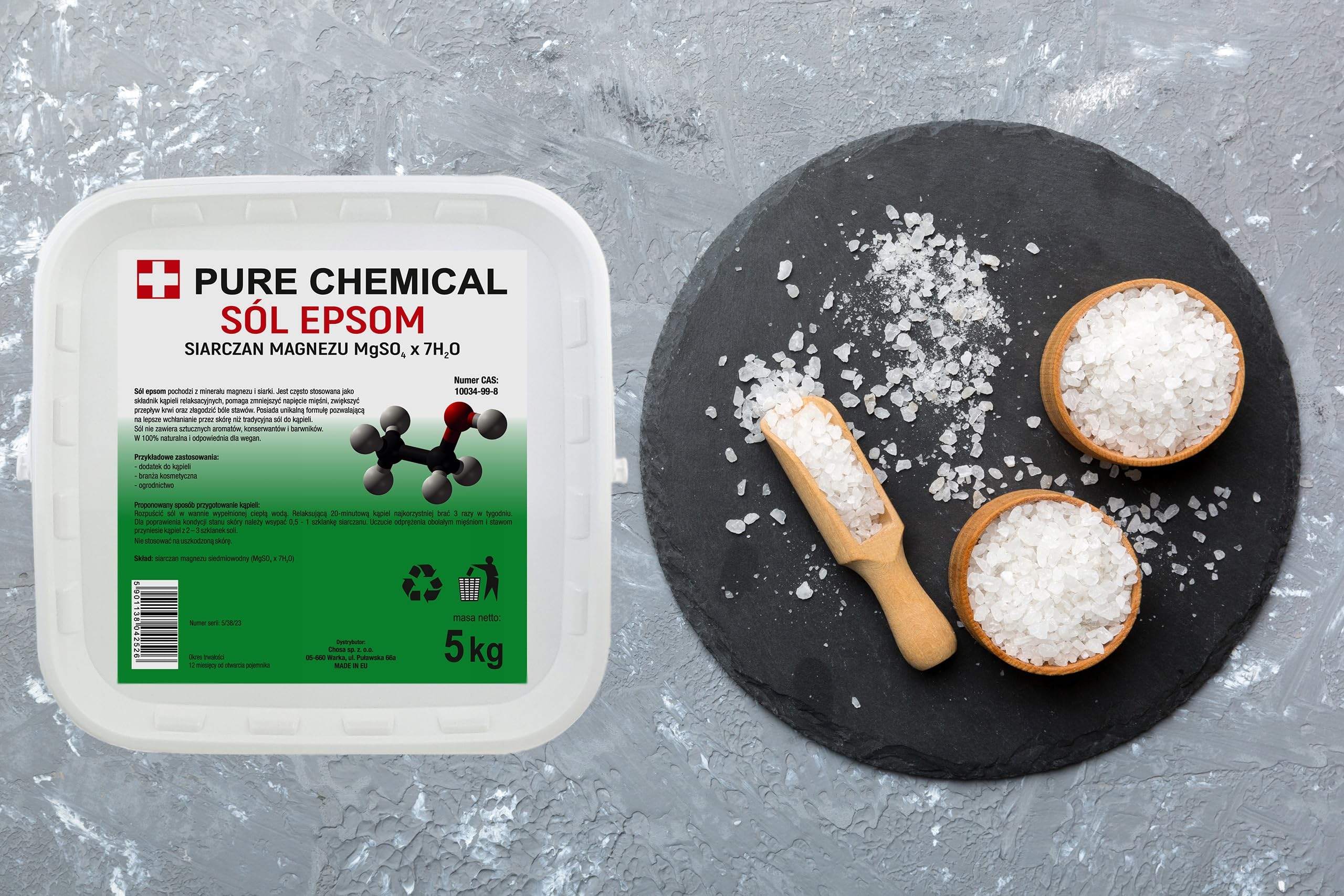CHOSA Sale di Epsom 5kg - Solfato di Magnesio Naturale per Relax, Corpo e SPA - Cristalli Purissimi per Benessere - Sali per Bagni - Pelle Liscia - Rilassamento Muscolare