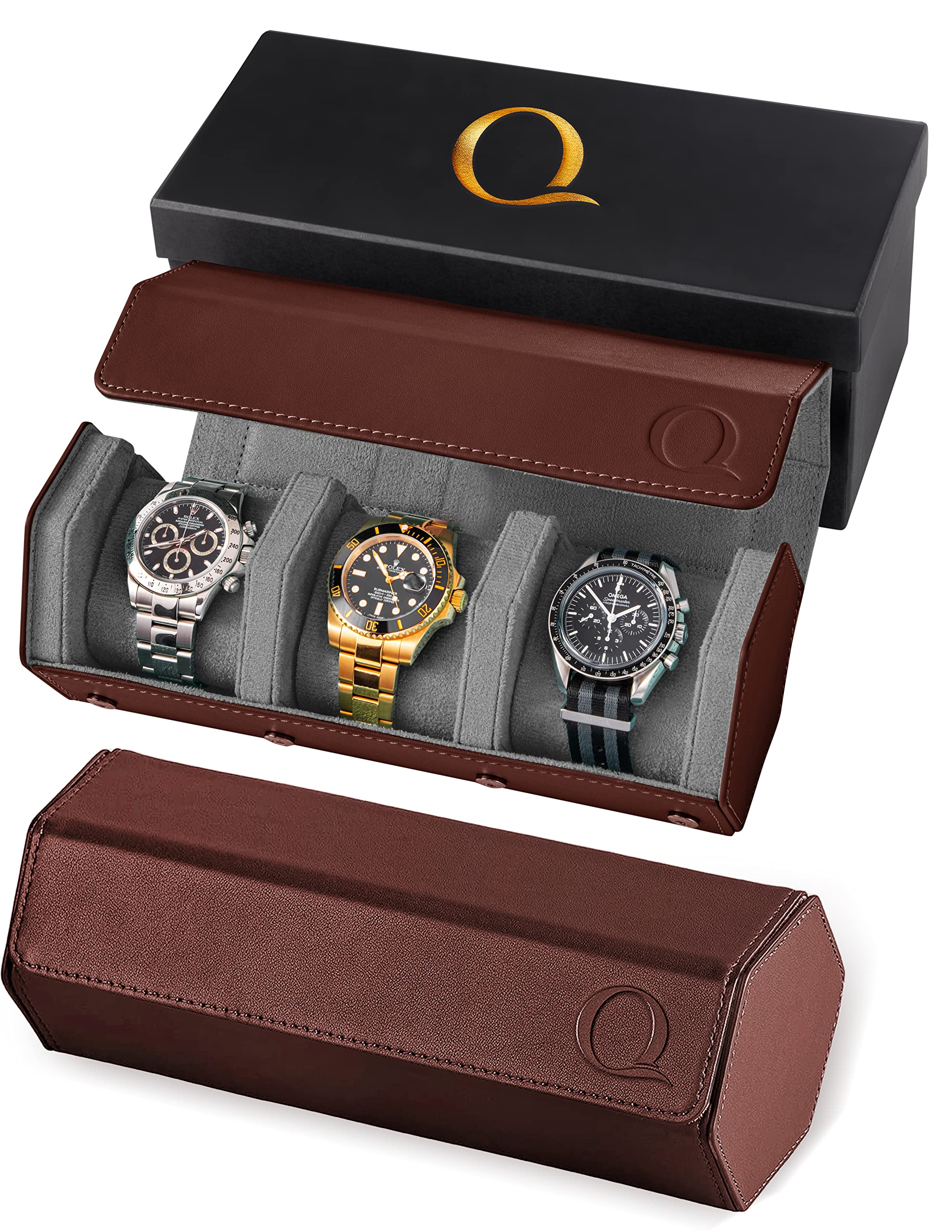 QWATCHBANDS Estuche de viaje de cuero para 3 relojes, marrón/gris