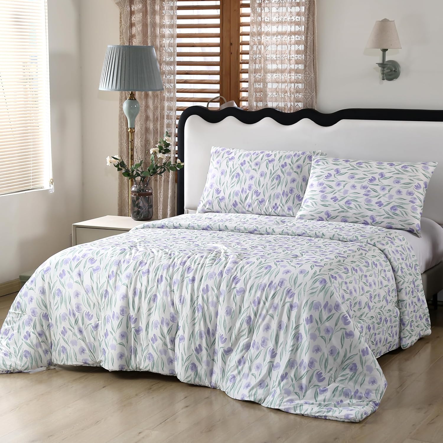 SDIII Purple Floral Comforter Set Twin 3 Pieces, Silky Breathable Microfiber and Spandex, Twin Comforter Floral Purple for Girls Boys Kids Teens