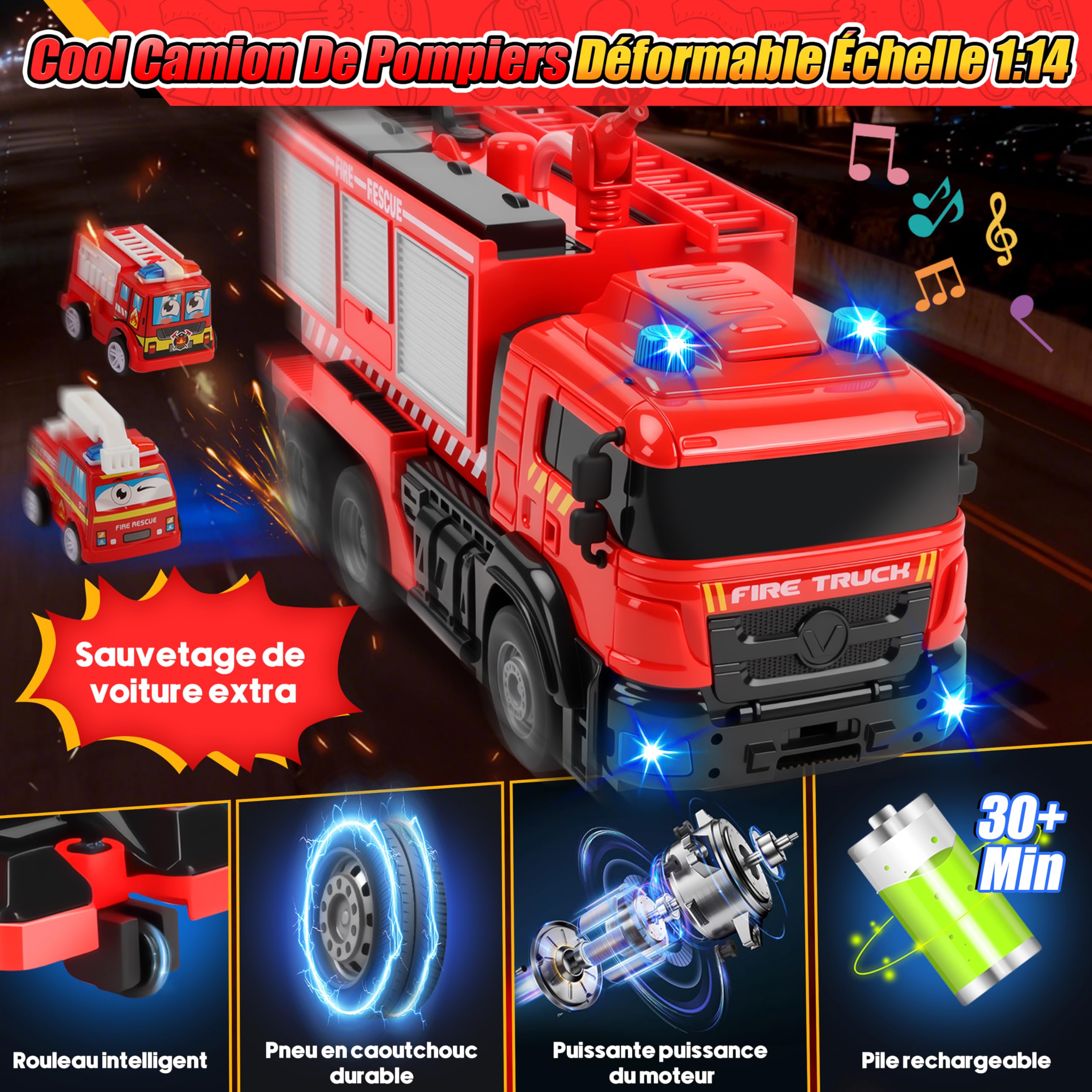 Charmofun Gros Camion Pompier avec Sonore et Lumineux, Voiture Pompiers Telecommande avec Pulvérisation d'eau, Robot Transformable Voiture Télécommandé Enfant, Cadeau Noël et Anniversaire Enfant