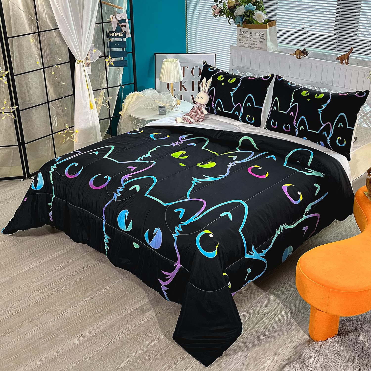 BailiPromise Animal 3 Piece Comforter Set Queen Size for Kids,Cute Cartoon Cat Bedding Set,Soft Warm Lightweight,Fluffy Down Alternative,Black Cat 1 Comforter + 2 Pillow Cases,Fit for