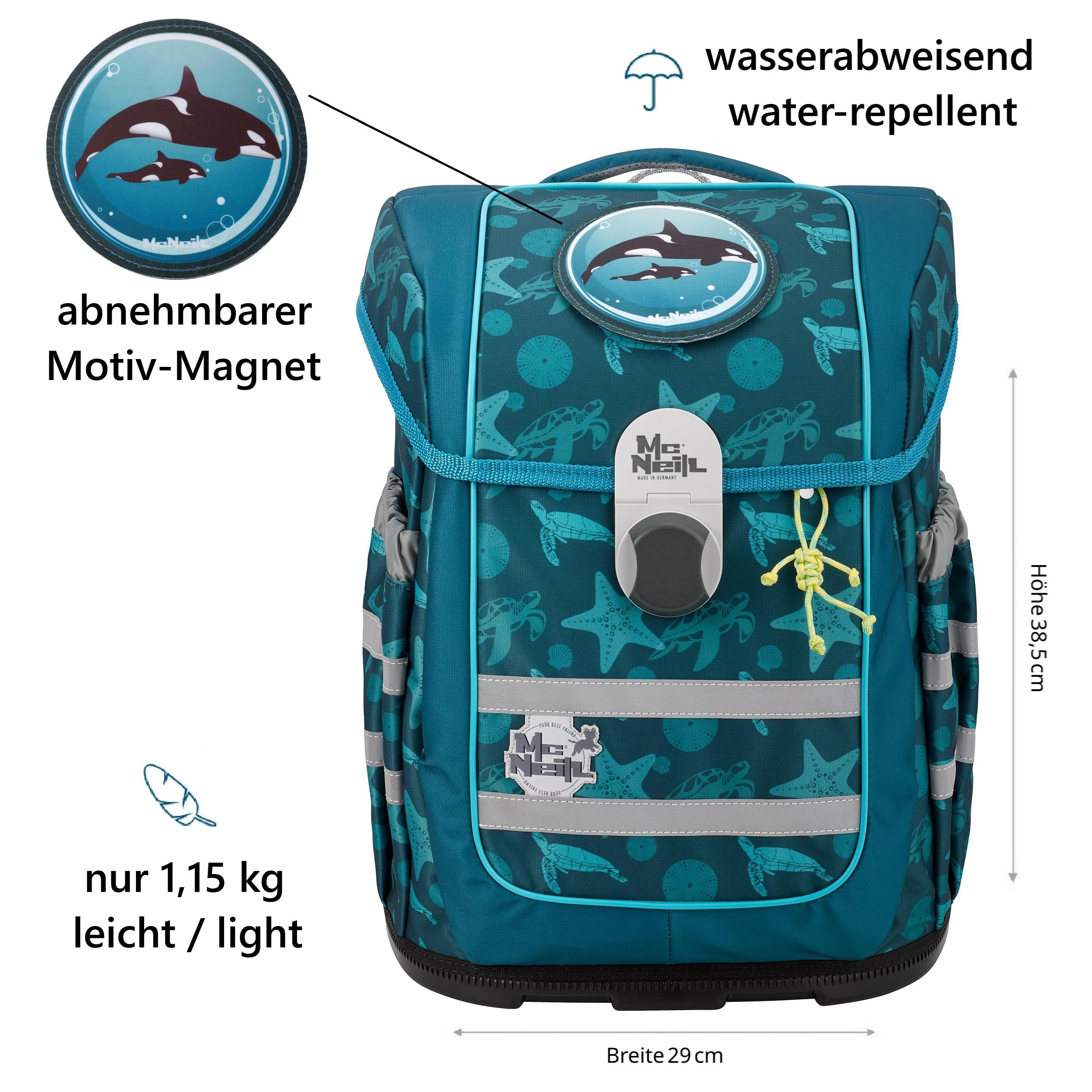 Familando - McNeill Ergo Complete Schulranzen Set - 6-teilig mit Federmappe - Orca Wal - Ergonomisch & 3-Fach verstellbar - 1150g leicht mit 20L Volumen & Reflektoren - aus recyceltem Ocean Plastic