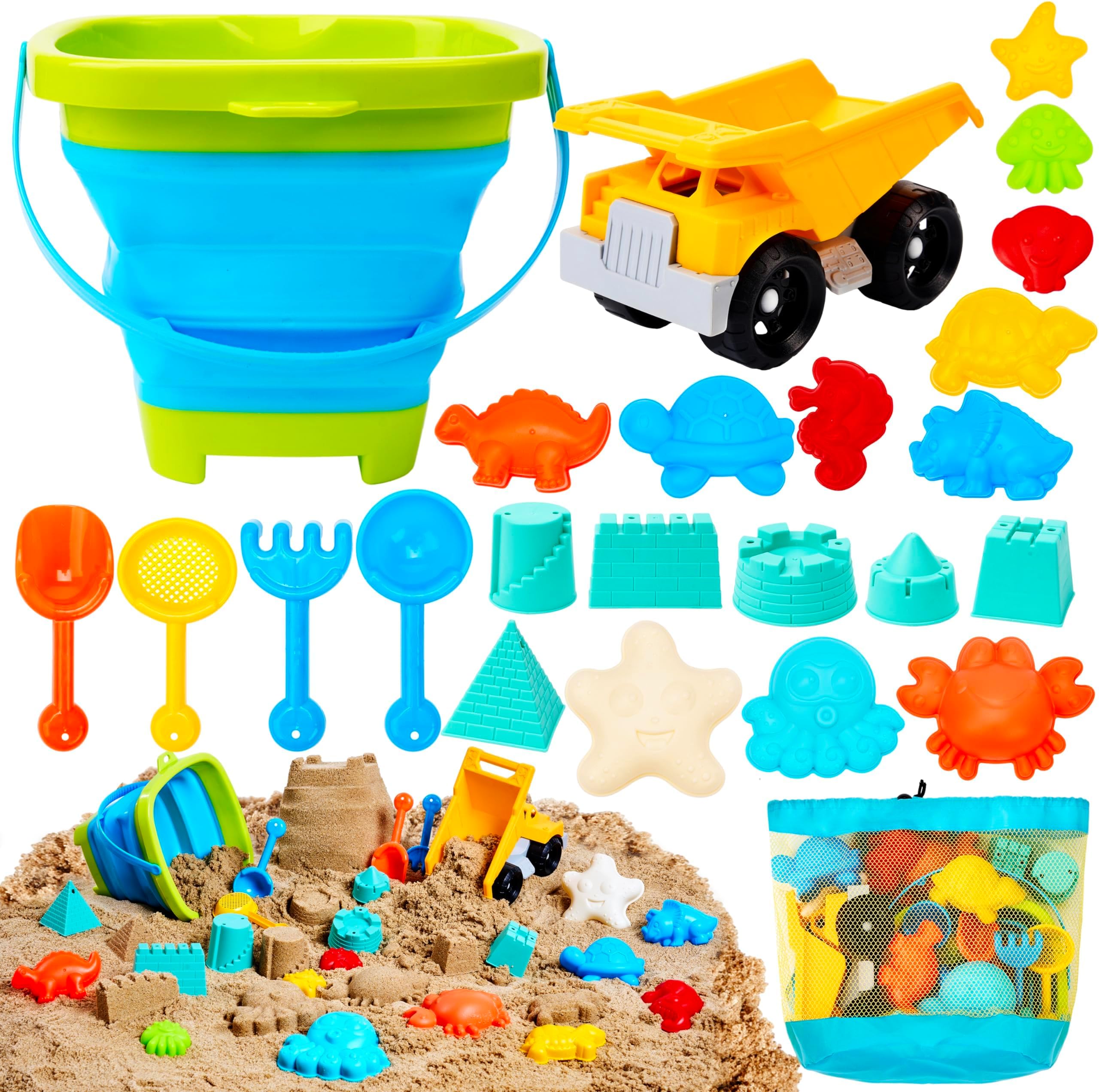 Sloosh Beach Sand Toys Set - Dump Truck Car Toy with Sand Molds for Toddlers Outdoor Play, Collapsible Foldable Buckets Mesh Bag Shovels Castle Animal Mold Sets, Kids Ages Sandbox Toys (Animals)