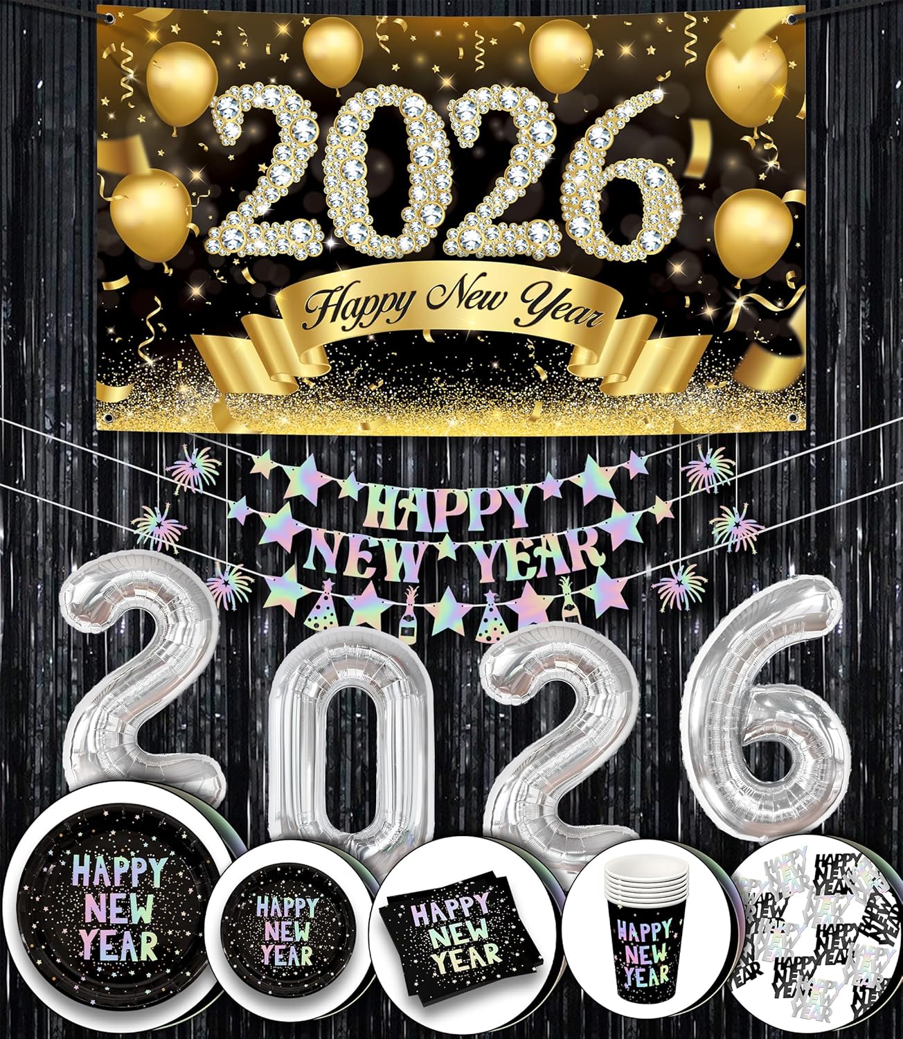 Katchon, Pack of 140,Xtralarge Happy New Year Banner | New Years Decorations 2026 with | Happy New Year Decorations Kit | Garland, Confitti, Plates,2026 Balloons, Banner for NYE Decorations 2026