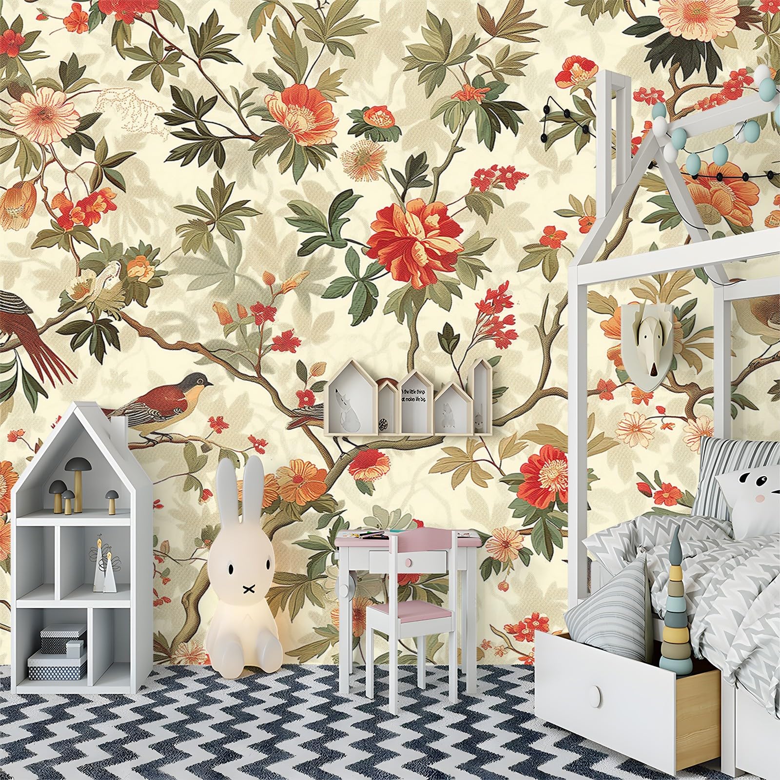 Tapeta 350 x 256 cm, tapeta z włókniny, tradycyjne kwiaty i ptaki, dekoracja, wodoszczelna, folia ochronna na ścianę, do sypialni, salonu, folia meblowa, tapeta ścienna, kolorowa, w zestawie poradnik