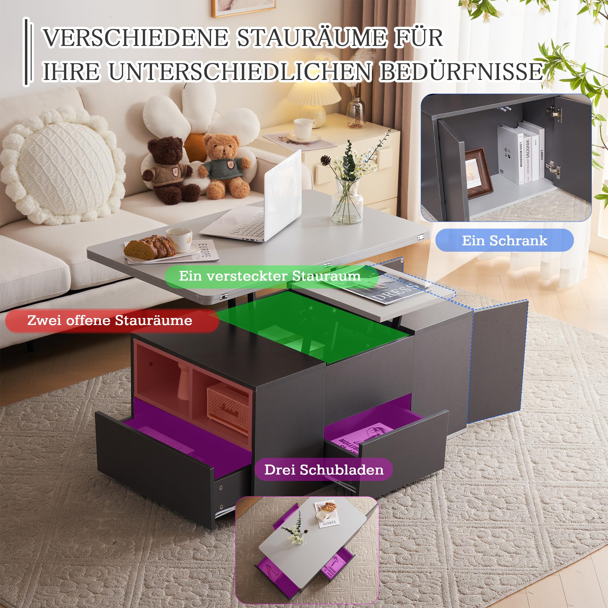 Mesa de centro multifunción elevable - La mesa se abre a 2 mesas, gris oscuro + gris claro, gran capacidad, muebles modernos de salón, mesa auxiliar de oficina, mesa auxiliar multifunción