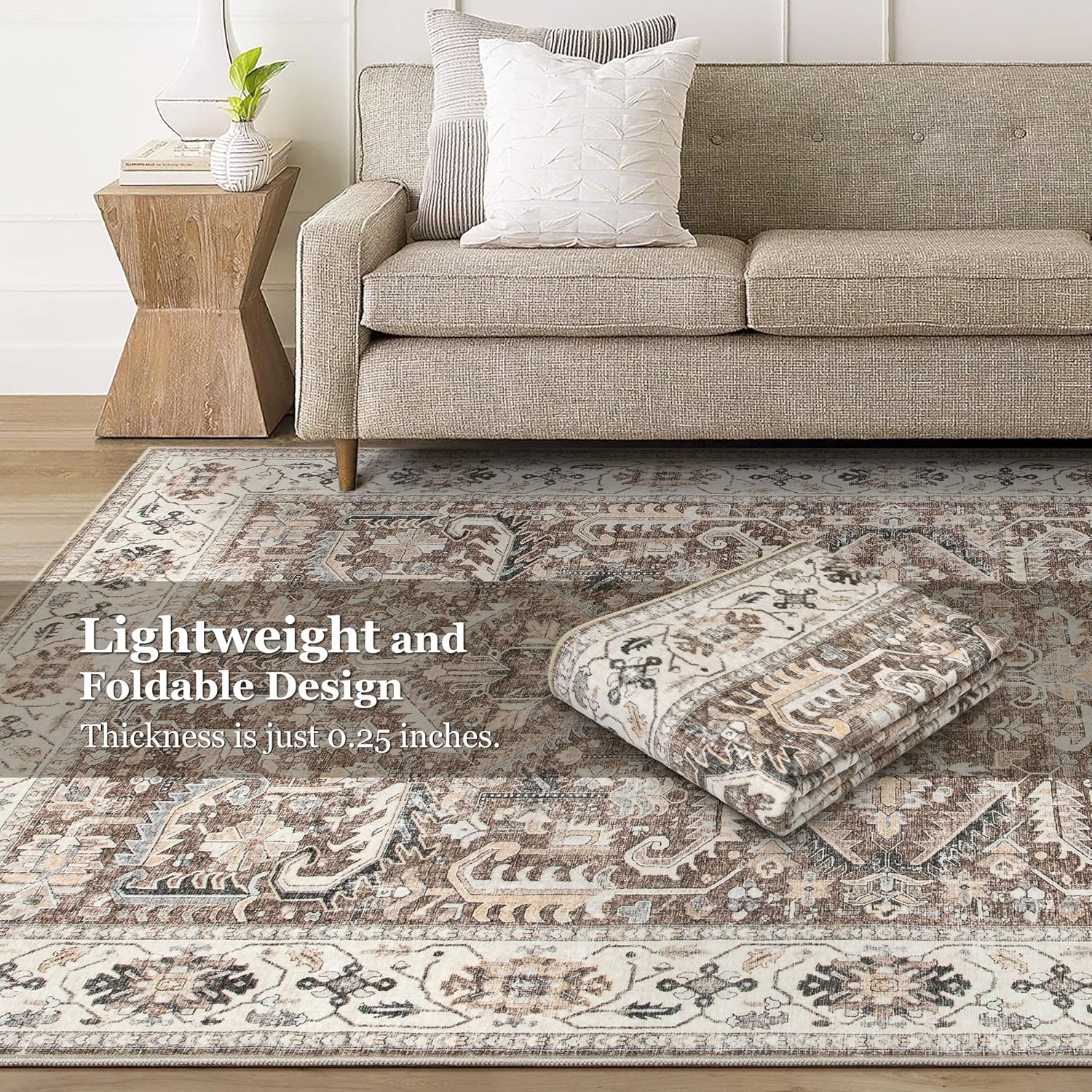 10x14 Area Rug for Living Room - Washable Soft Traditional Tribal Rug for Bedroom Dining Room Home Office, Non-Slip Stain Resistant Vintage Distressed Indoor Floor Carpet- Dark Brown