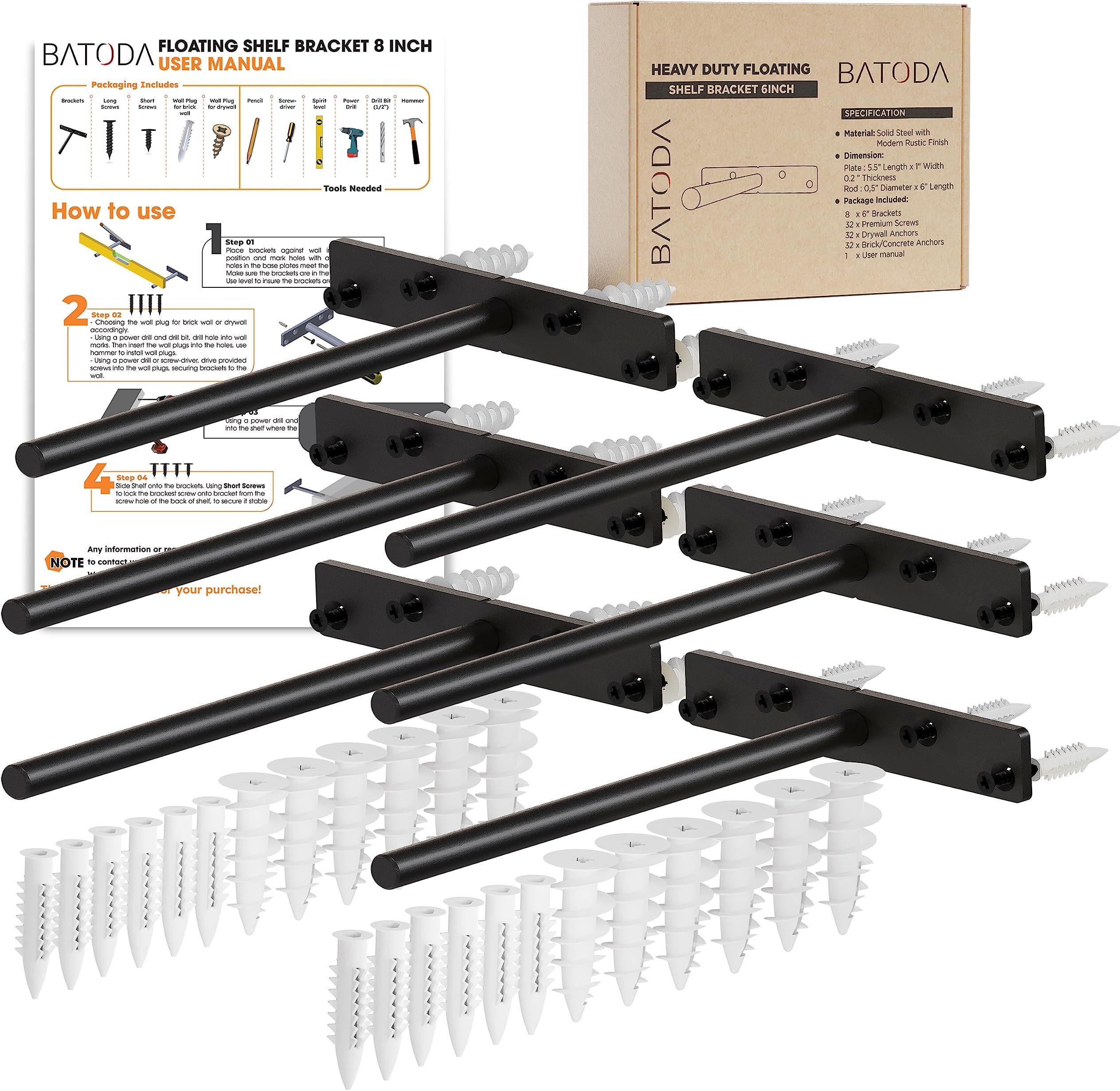 BATODA - 8" Floating Shelf Bracket Heavy Duty (6 pcs) –Solid Steel Blind Shelf Supports - Hidden Brackets for Floating Wood Shelves - Blind Shelf Support - Shelving Mounting Hardware Included (Pack 6)