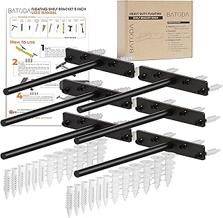 BATODA - 8" Heavy Duty Floating Shelf Bracket (6 pcs) – Solid Steel Blind Shelf Supports - Hidden Brackets for Floating Wood Shelves - Screws and Wall Plugs Included (Large Size)