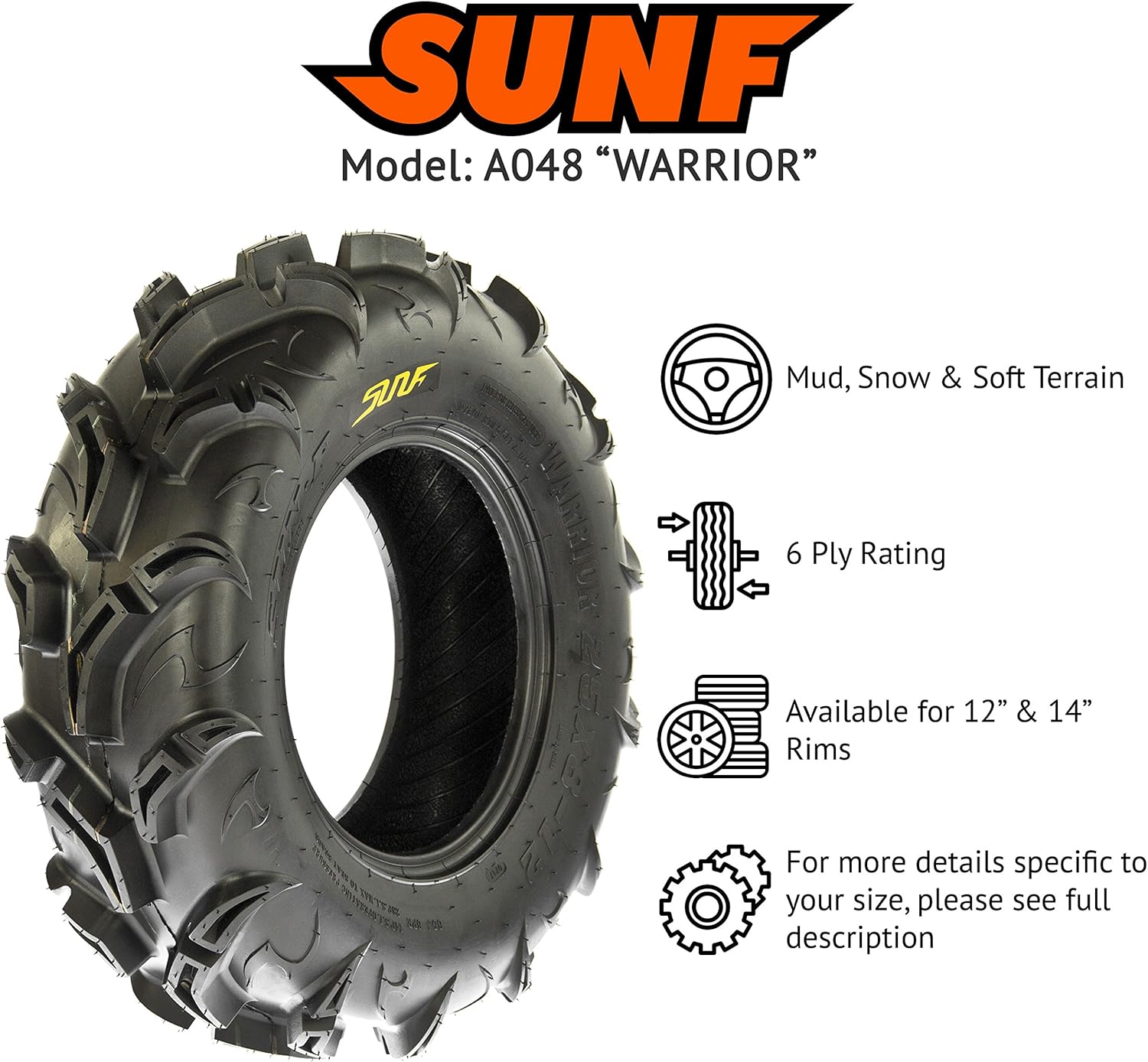 SunF ATV Tires 27x9-12 27x9x12 Mud v-shape Muddy 6 PR A048 - SET of 4