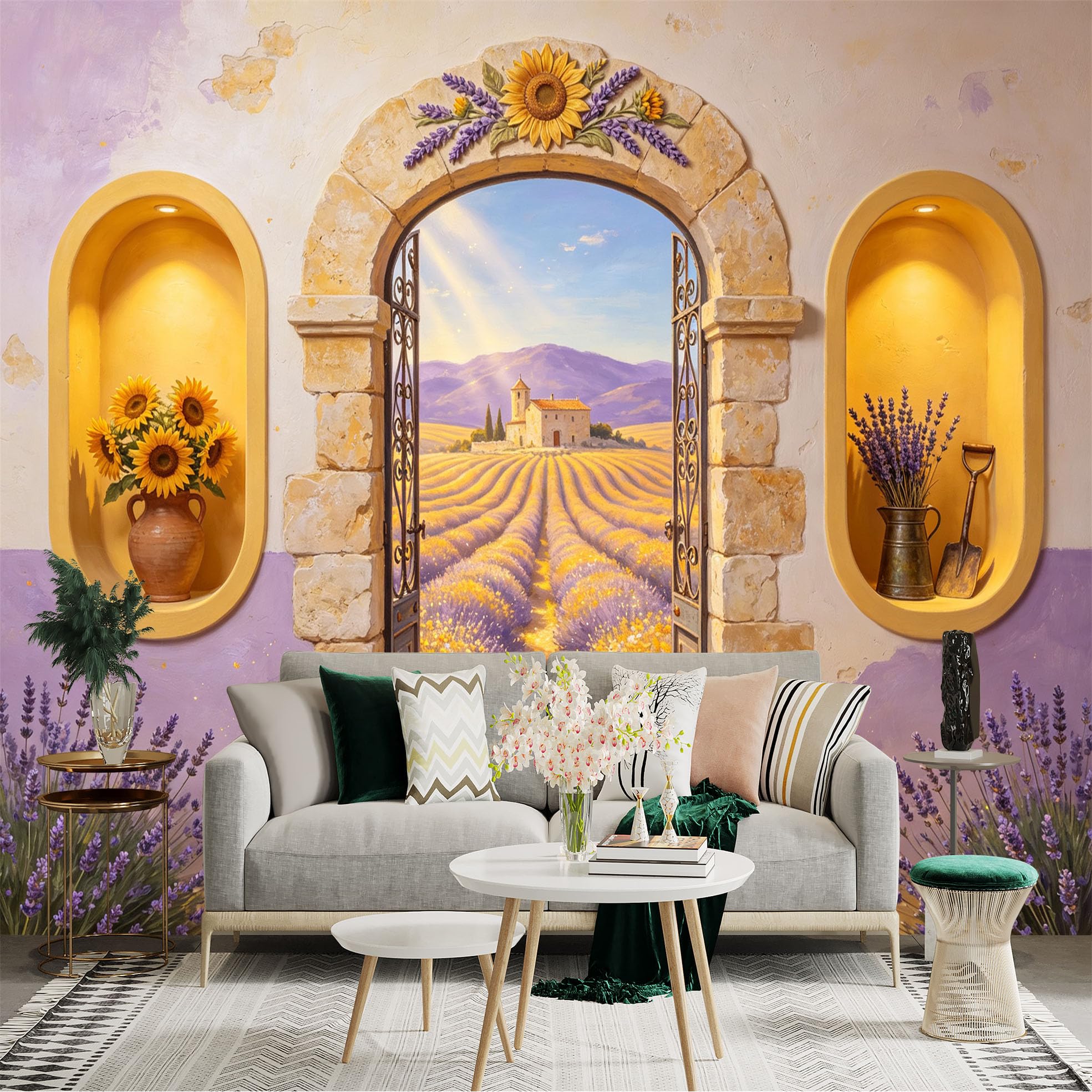 Custom Size Wall Sticker Mural， Lavender Field Stone Archway Sunflower Rustic Countryside， for wall Decoration， peelandstick wall Decals.