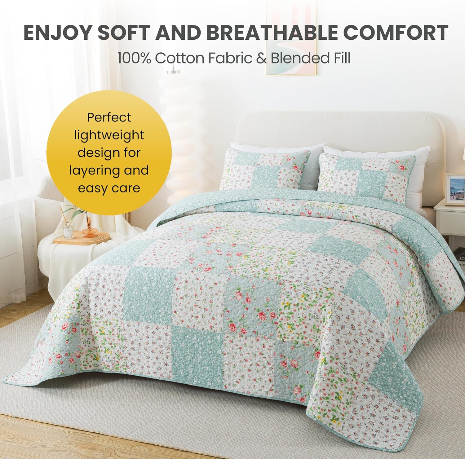 Soul & Lane Whispering Flowers Cotton Quilt Set - Twin Size with 1 Sham, White and Blue Pieced Patchwork Design, Country Floral Quilted Comforter, Lightweight Summer Farmhouse Bedding - Image 3