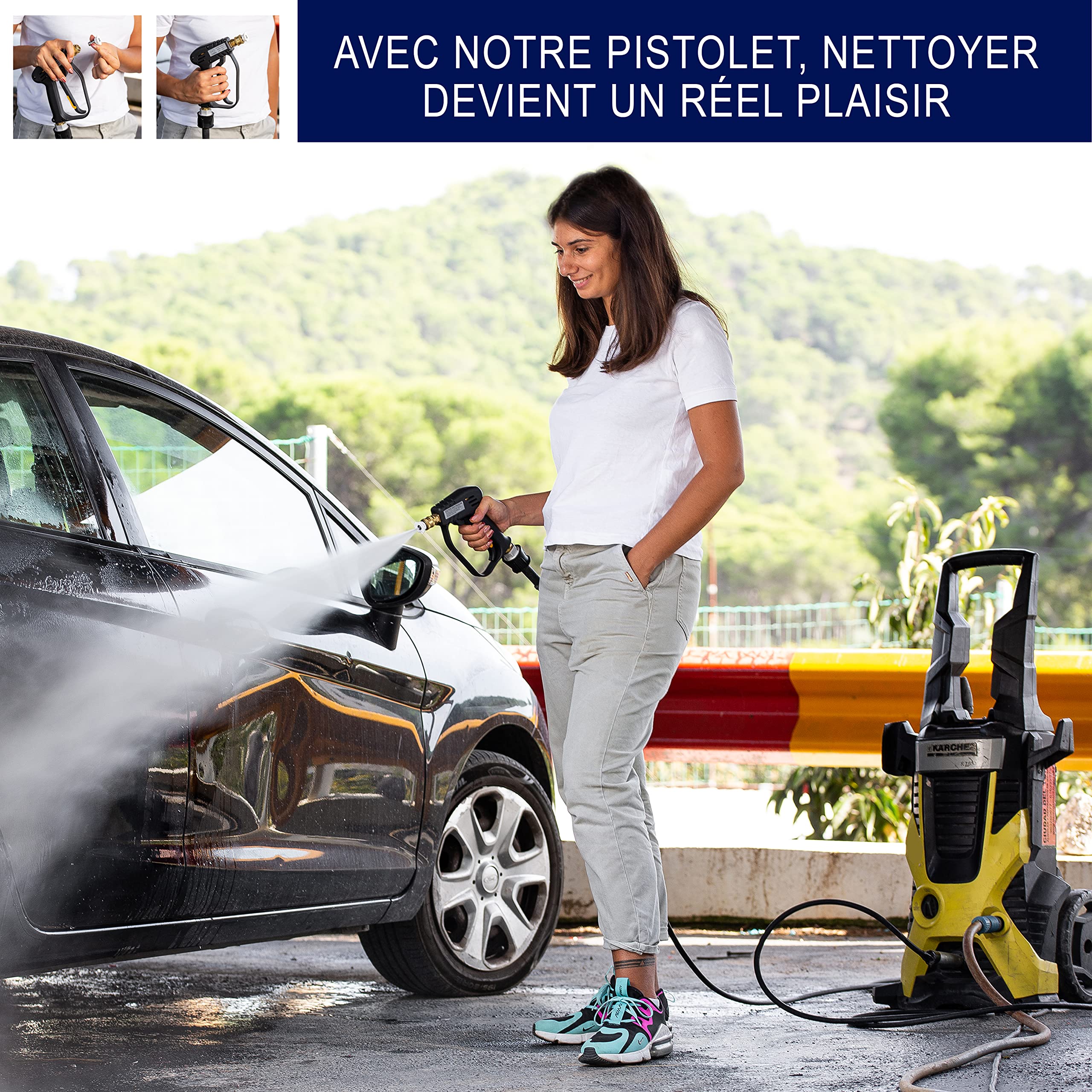 ComwithSafe Pistolet de Lavage Haute Pression+ Coupleur pivotant, 6 buses 1/4"- Pistolet 4000 PSI de Nettoyage pour Voiture - Int M22-14mm, Adaptateur pour Karcher K1-K7, filtre eau,guide inclus
